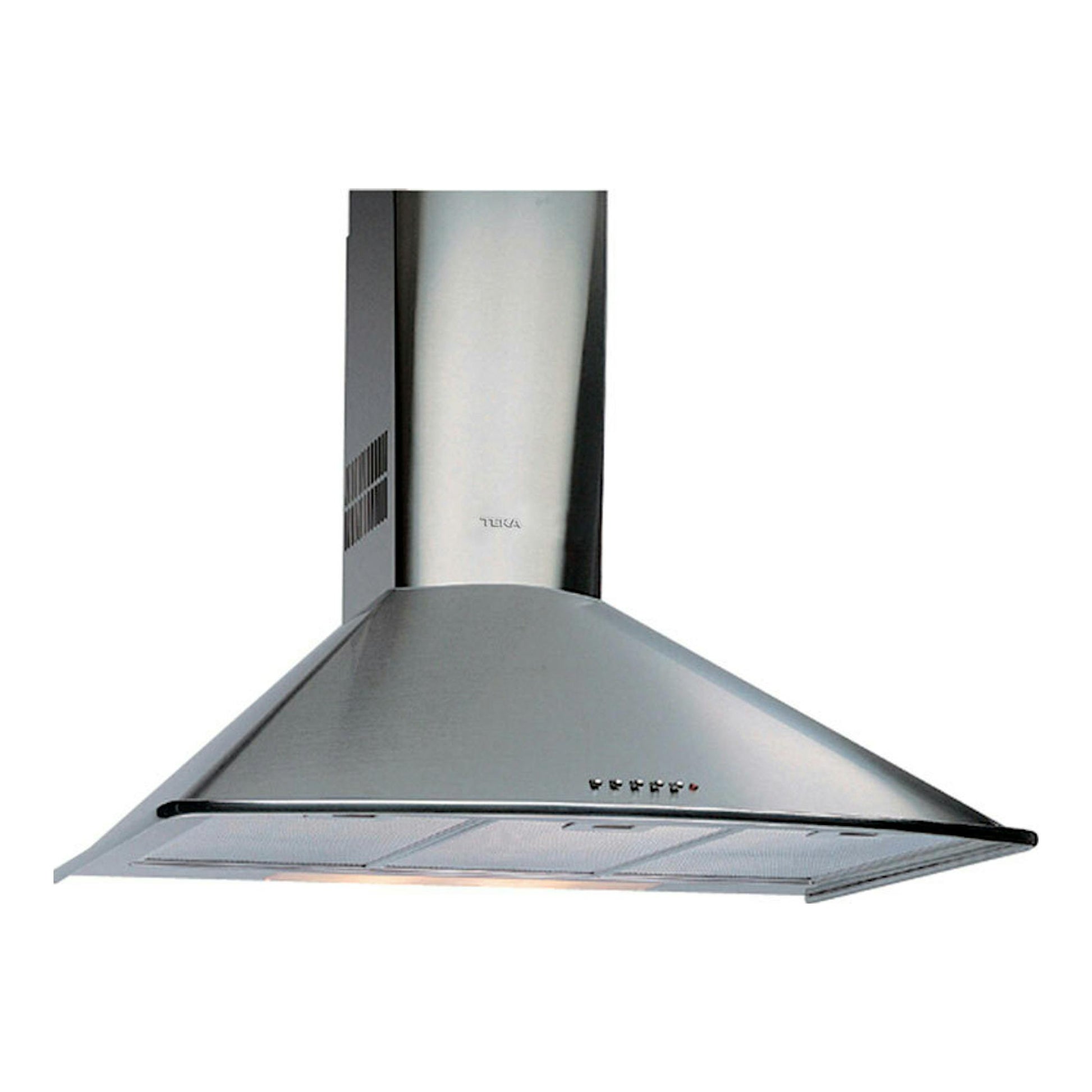 Campana decorativa Teka DM 975 Inox en acero inoxidable, vista frontal, con chimenea negra.