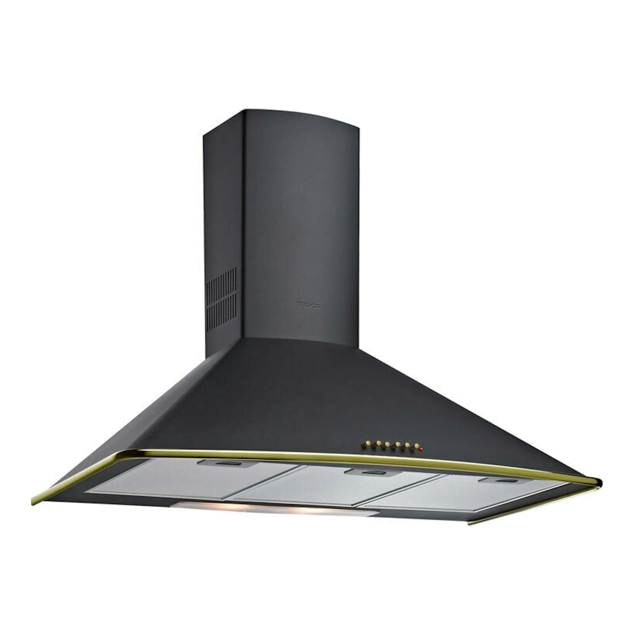 Campana decorativa Teka DMR 975 negra, vista frontal inclinada, con acabado negro y borde dorado.