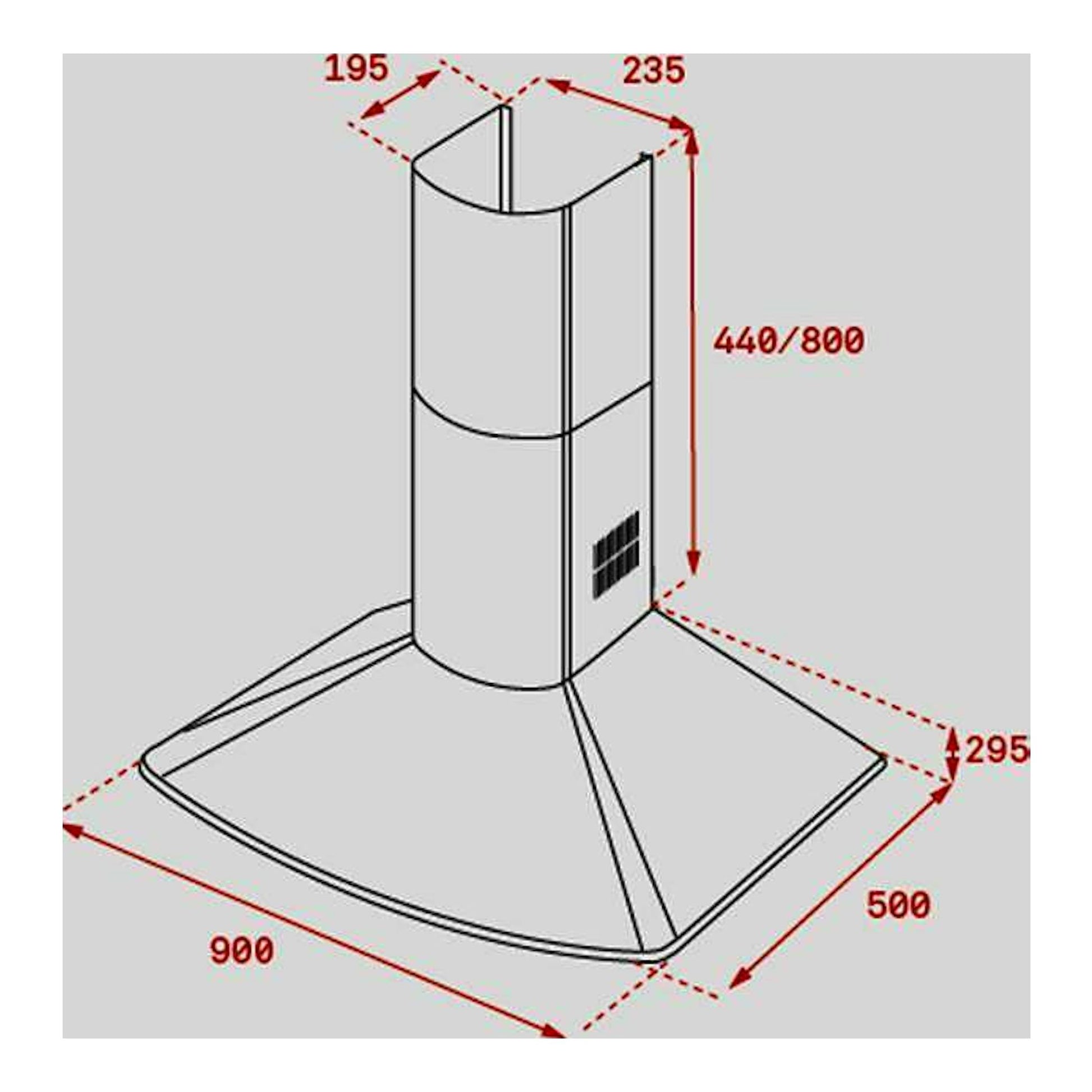 Campana decorativa Teka DMR 975 negra, dibujo técnico con medidas.