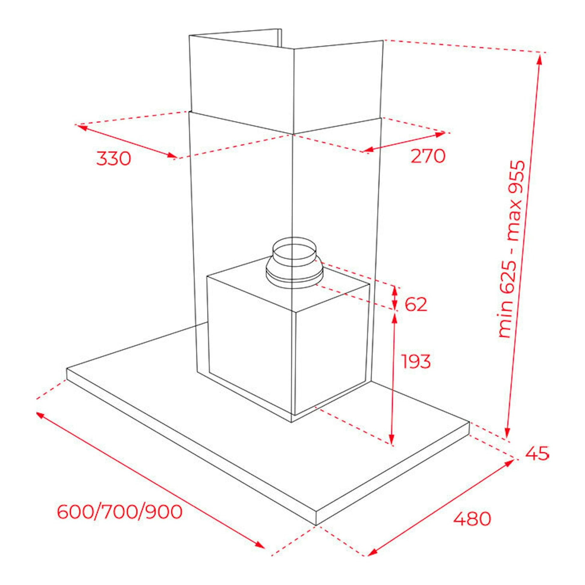 Diagrama técnico de campana decorativa Teka DSH686 Inox en vista frontal, con medidas en rojo.