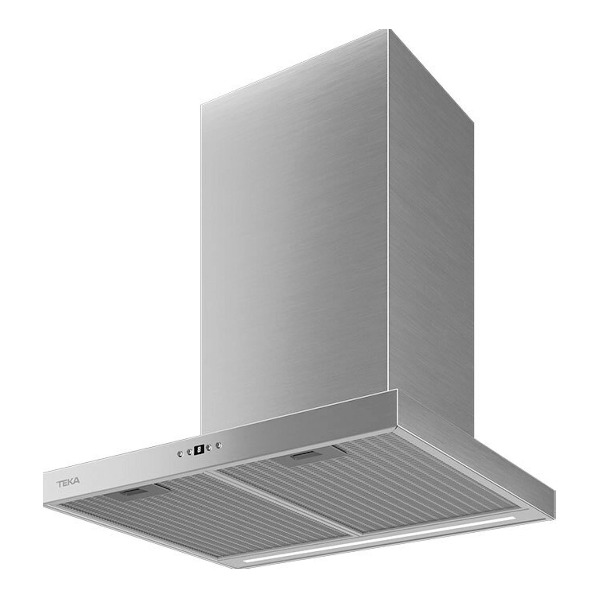 Campana decorativa Teka DSH686 Inox, vista frontal en ángulo, acabado de acero inoxidable.