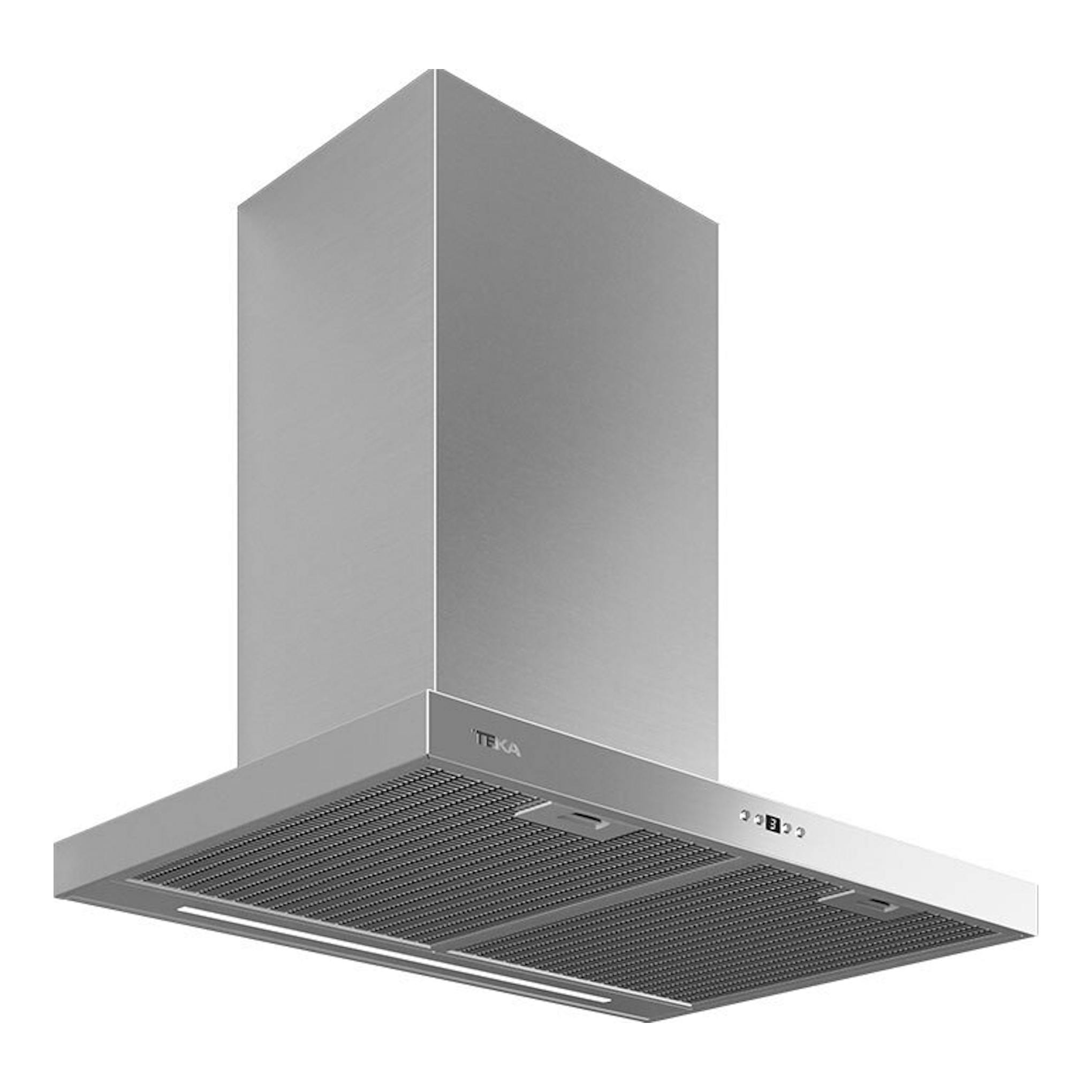 Campana decorativa Teka DSH786 Inox, vista en ángulo, acero inoxidable con panel inferior negro.