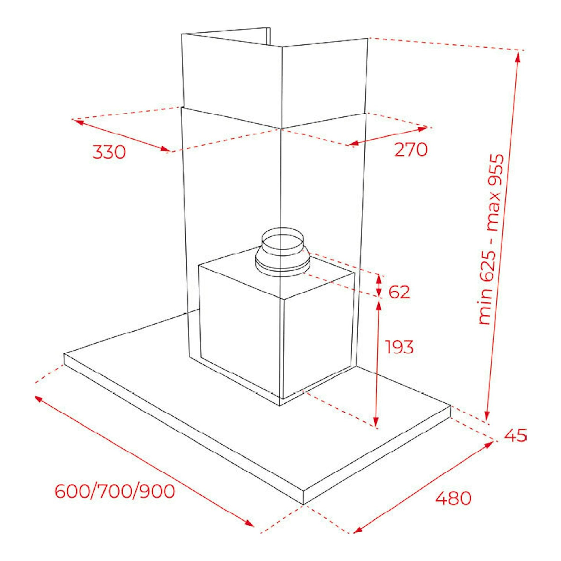 Esquema técnico de campana decorativa Teka DSH986 Inox, vista frontal, con medidas y dimensiones en rojo.