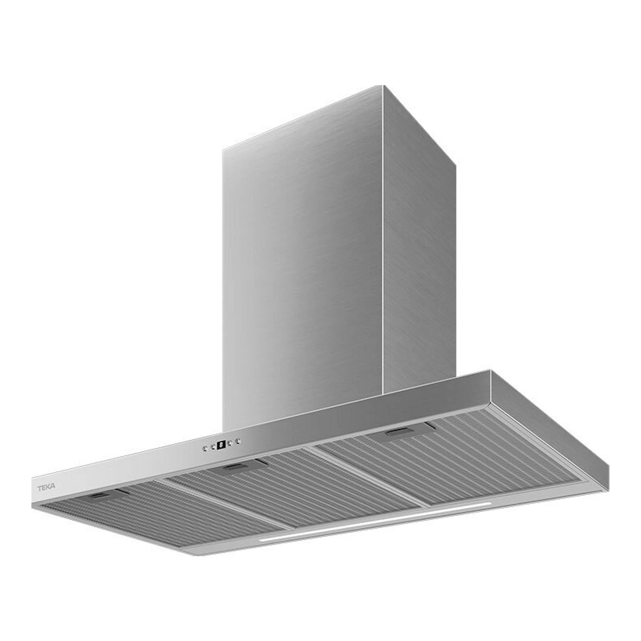 Campana decorativa Teka DSH986 Inox de acero inoxidable, vista inferior y frontal en ángulo.