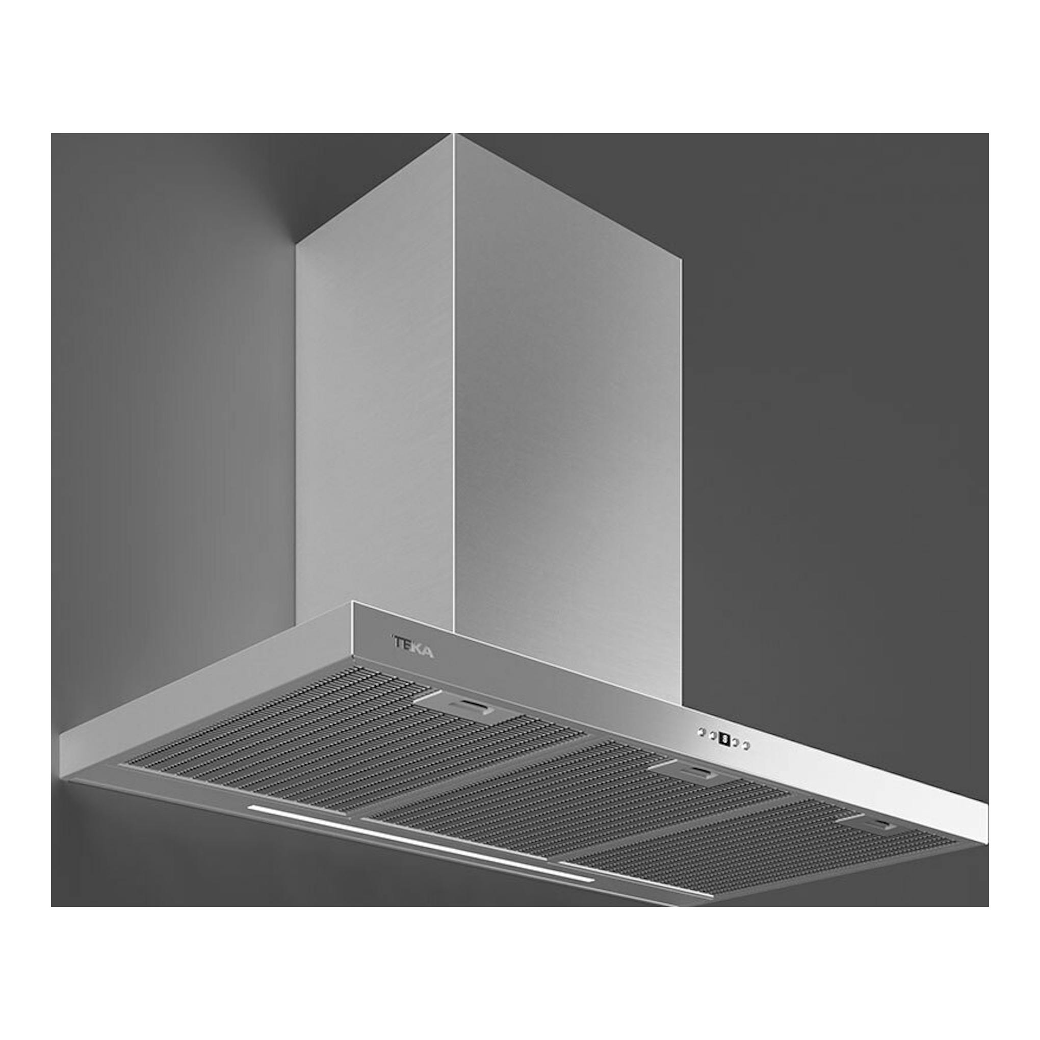 Campana decorativa Teka DSH986 Inox de acero inoxidable, vista frontal e inferior en ángulo.