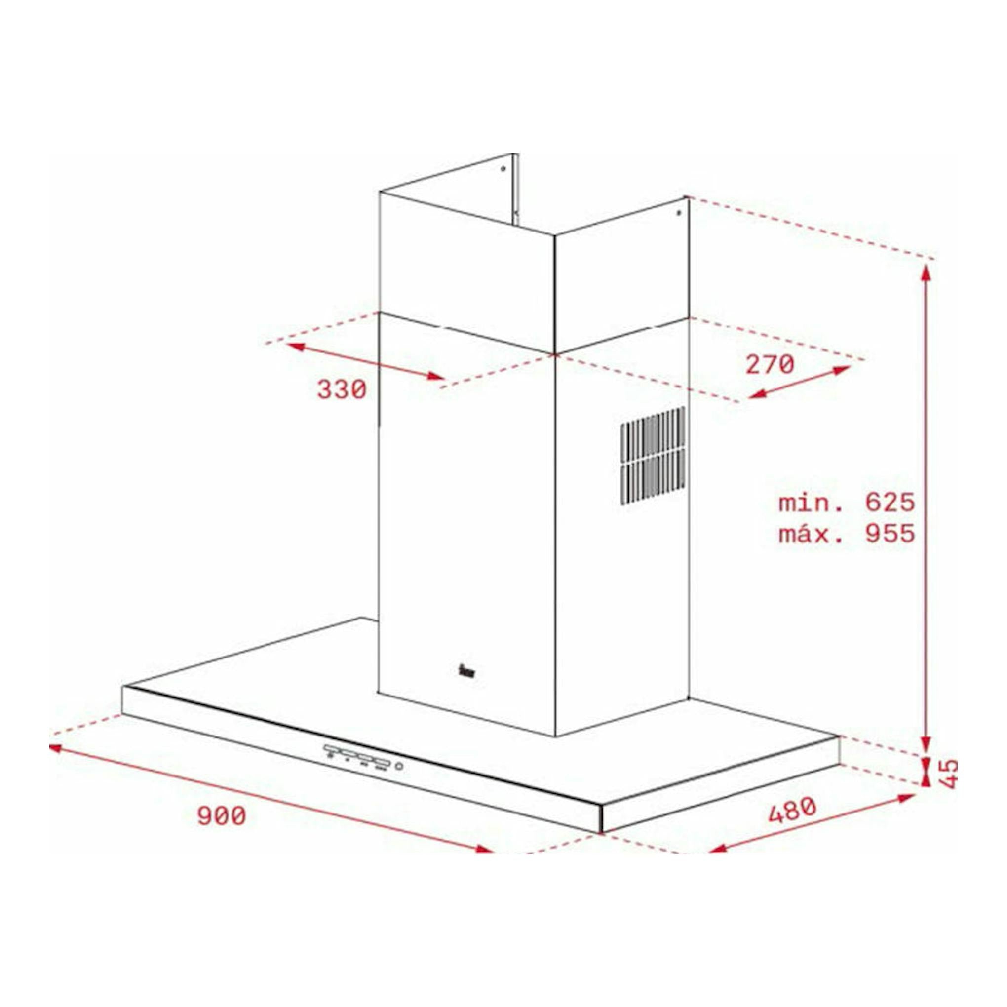 Diagrama técnico de campana decorativa Teka DSJ 950 Inox en acero, vista isométrica con medidas.