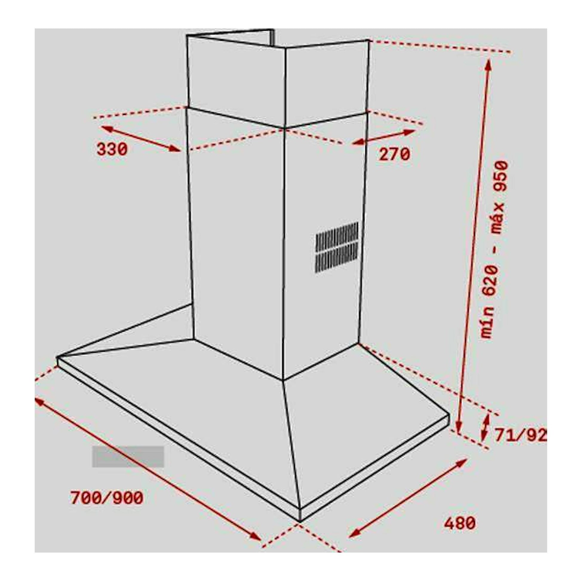 Dibujo técnico de campana decorativa Teka DSS 985 Inox, vista en perspectiva frontal, acabado inox.