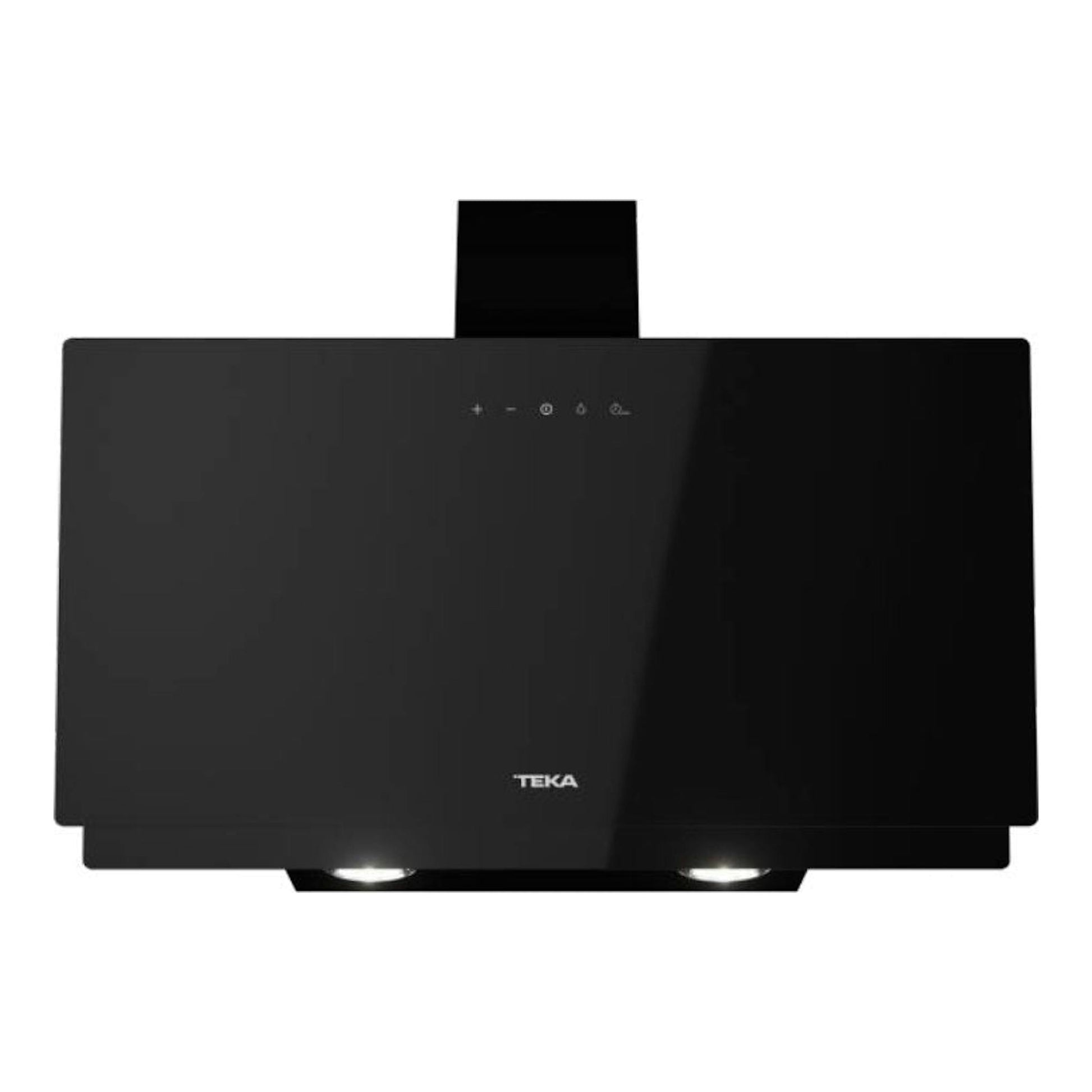 Campana decorativa Teka DVN 74030 TTC negra, vista frontal, panel de vidrio negro y dos luces inferiores.