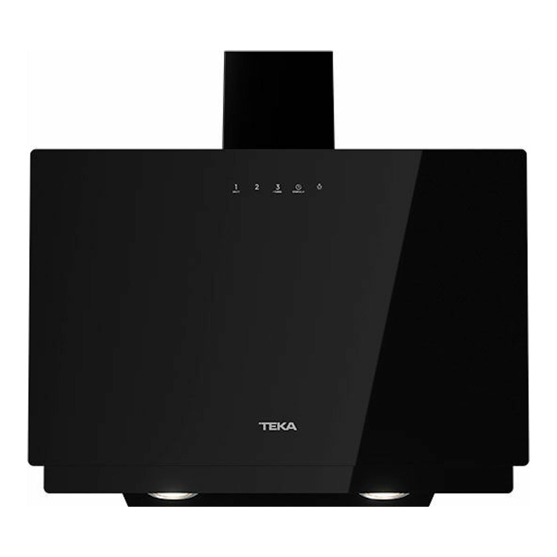 Campana decorativa Teka DVN67050TTC BK negra, vista frontal, con panel de vidrio negro y logo Teka.