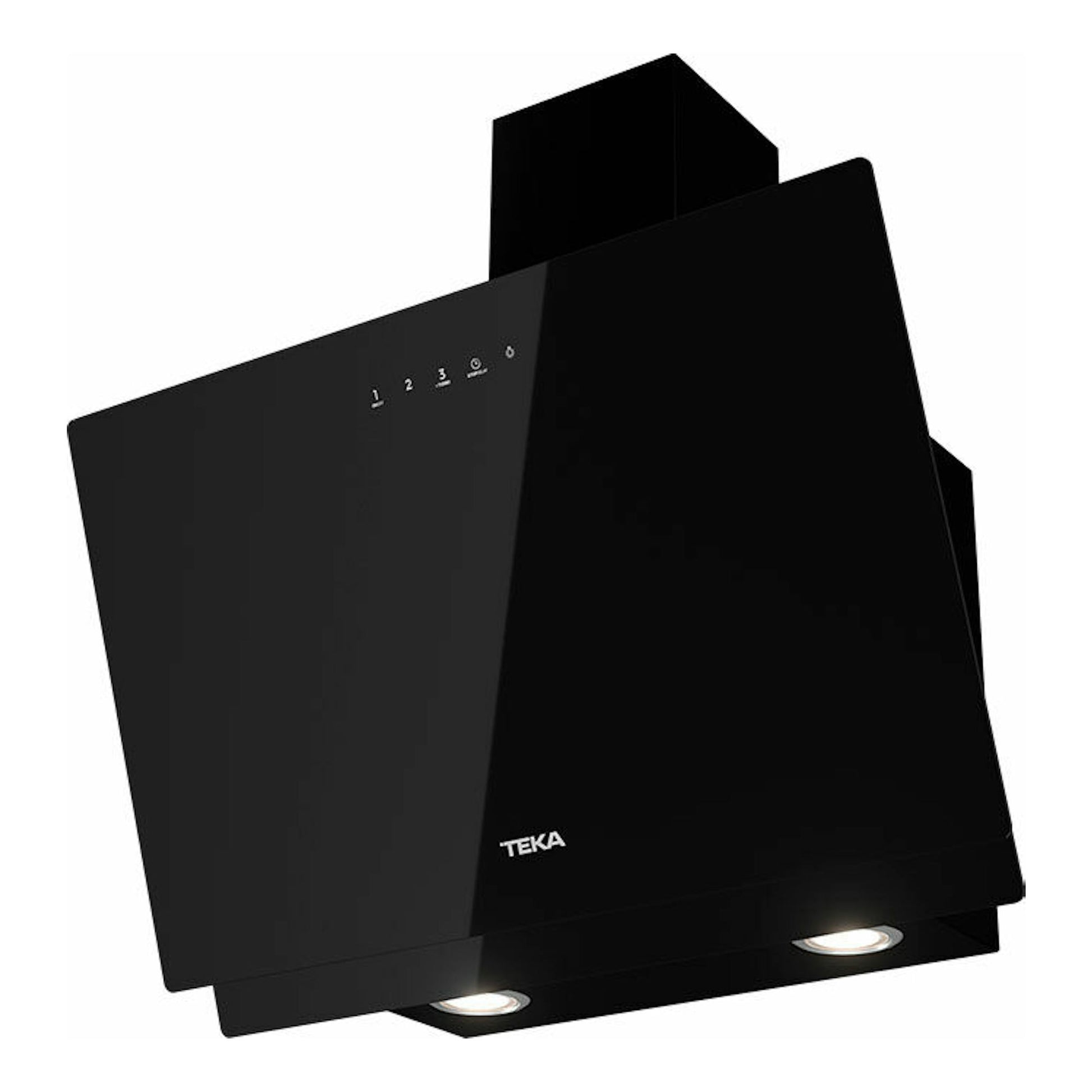 Campana decorativa Teka DVN67050TTC BK negra, vista frontal en ángulo, con dos luces inferiores.