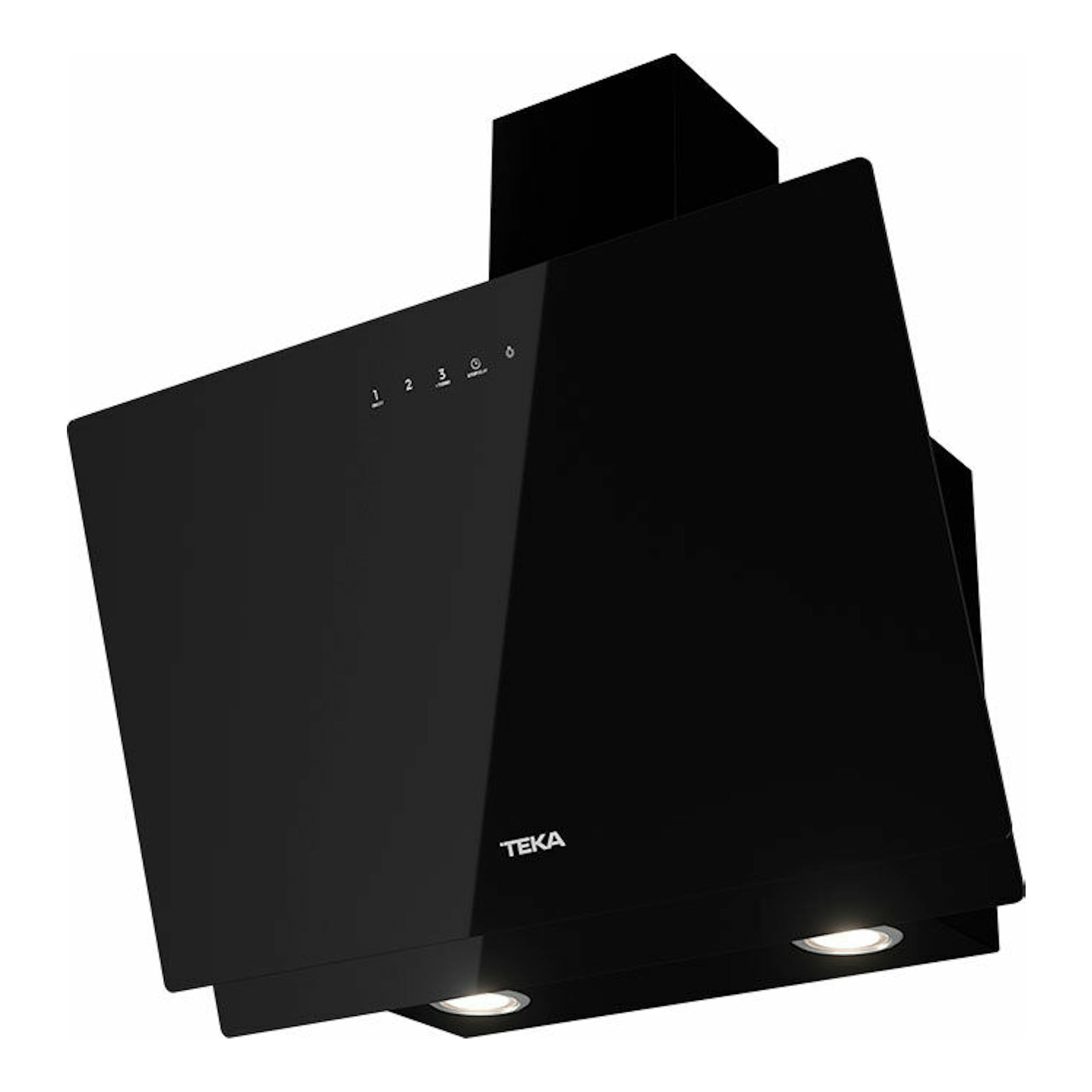 Campana decorativa Teka DVN67050TTC BK negra, vista frontal en ángulo, con dos luces inferiores.
