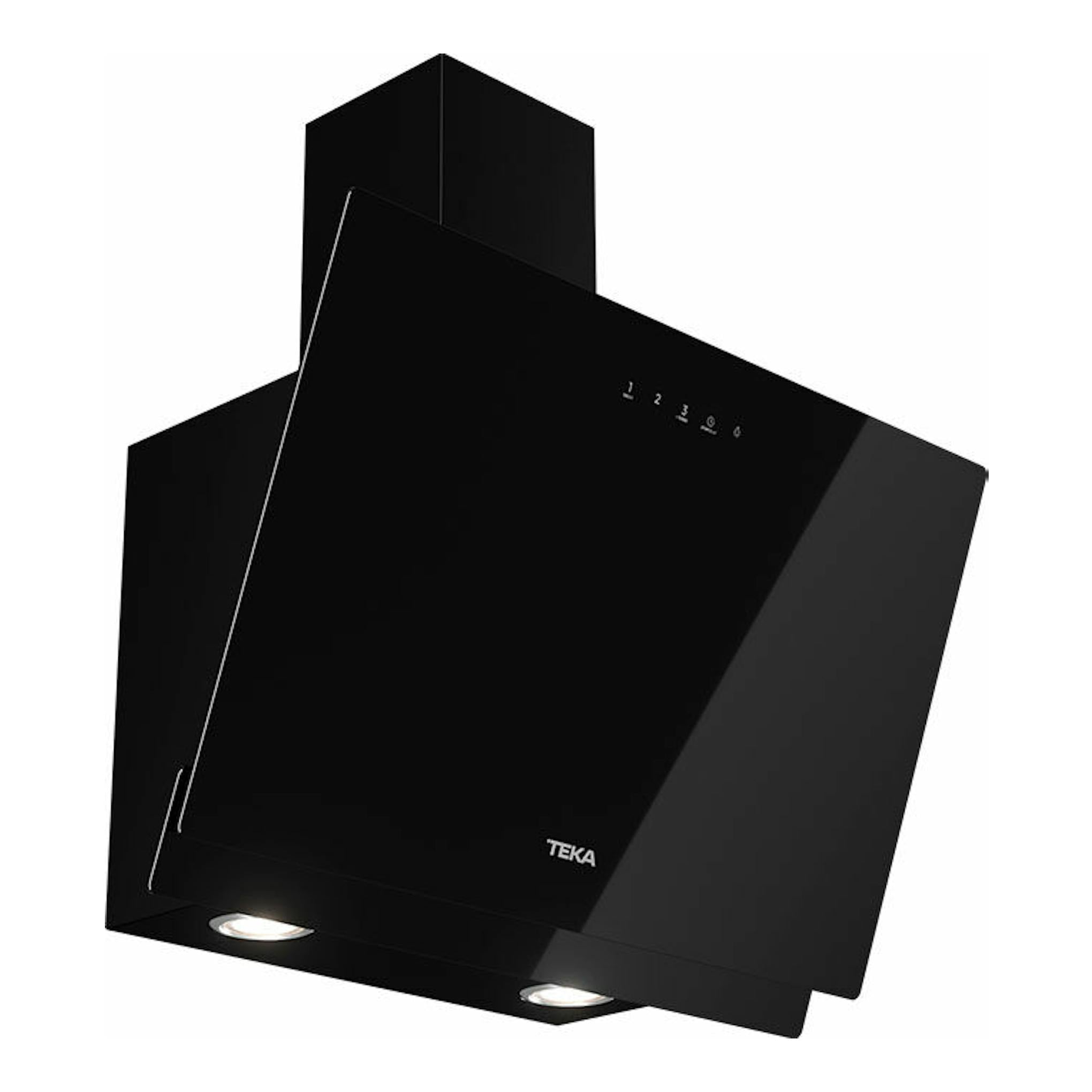 Campana decorativa Teka DVN67050TTC BK negra, vista frontal inclinada, con panel de vidrio y dos luces inferiores.