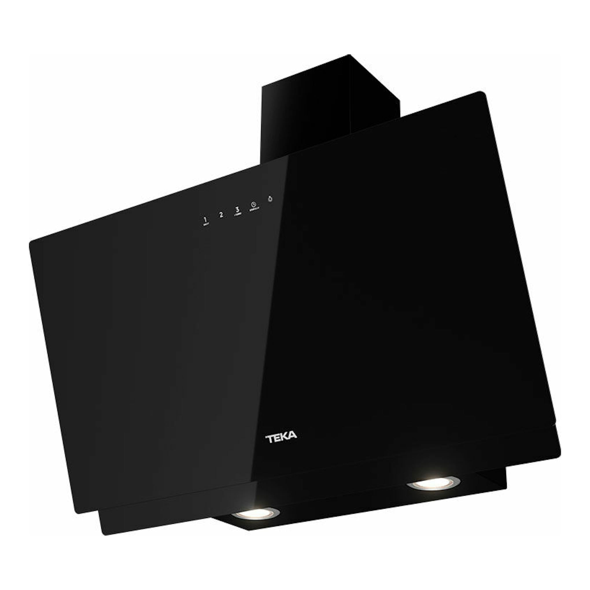 Campana decorativa Teka DVN77050TTC BK negra, vista frontal inclinada, con panel de vidrio y luz inferior.