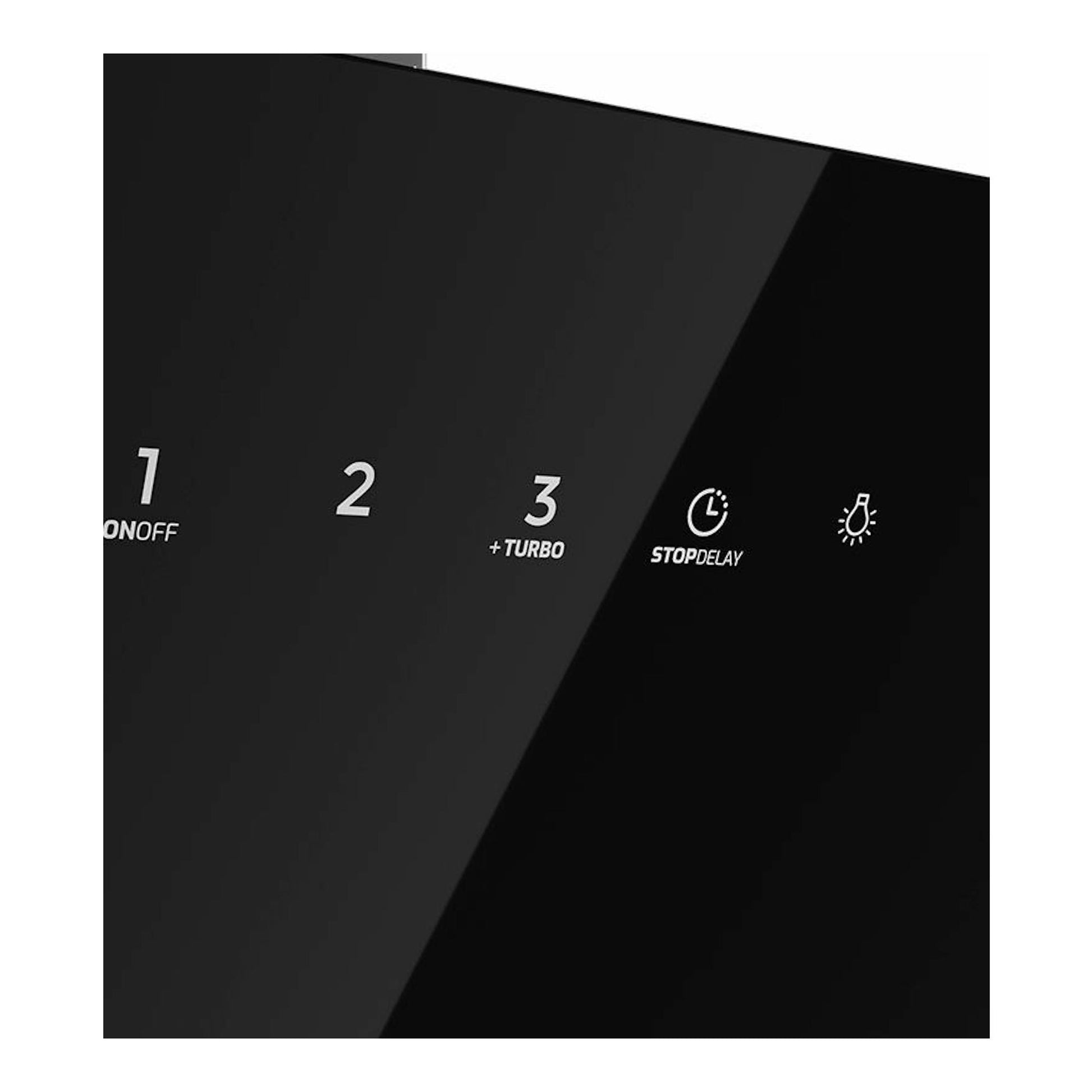 Campana decorativa Teka DVN77050TTC BK negra, primer plano frontal del panel táctil de vidrio negro.