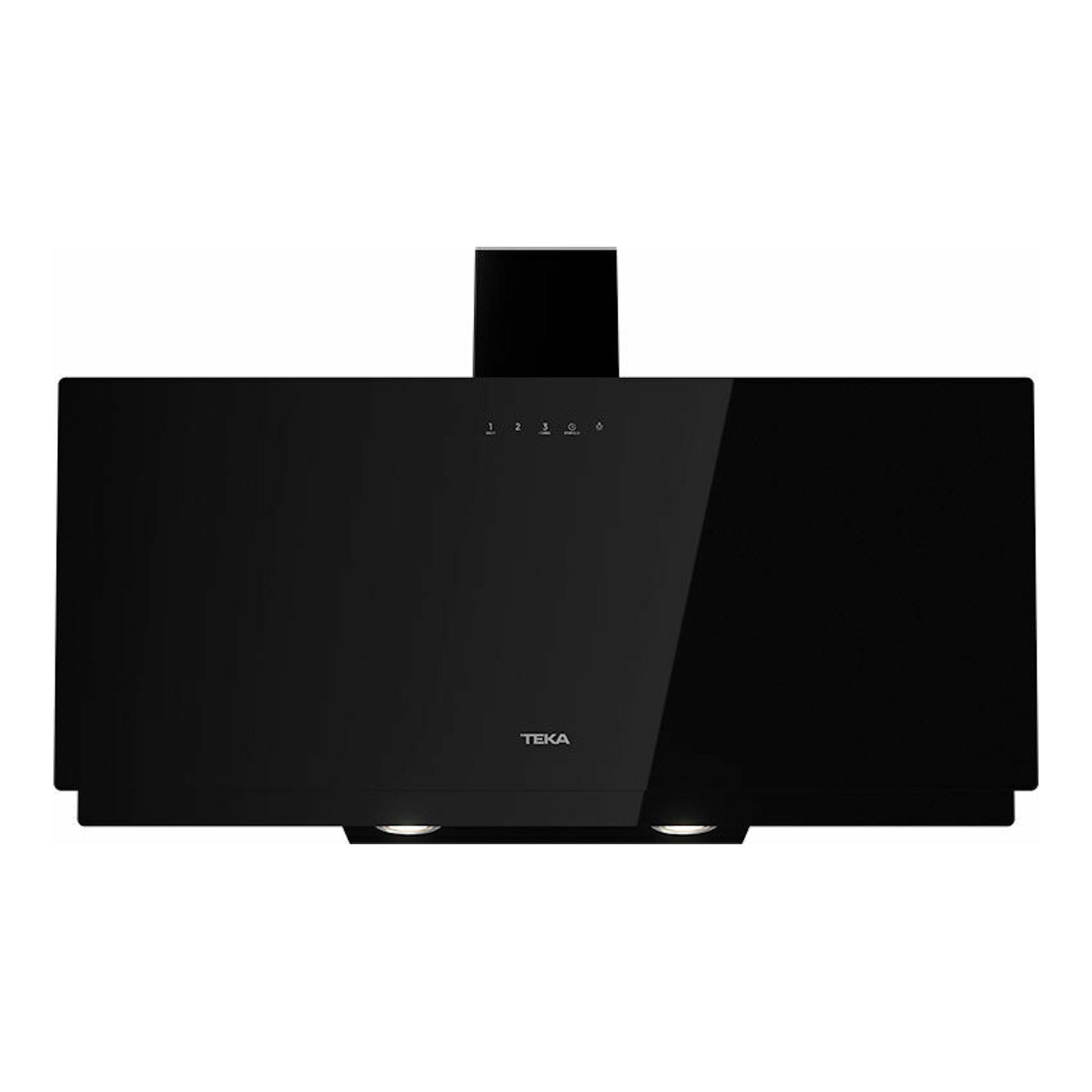 Campana extractora decorativa Teka DVN97050TTC BK negra, vista frontal, con panel de cristal negro.