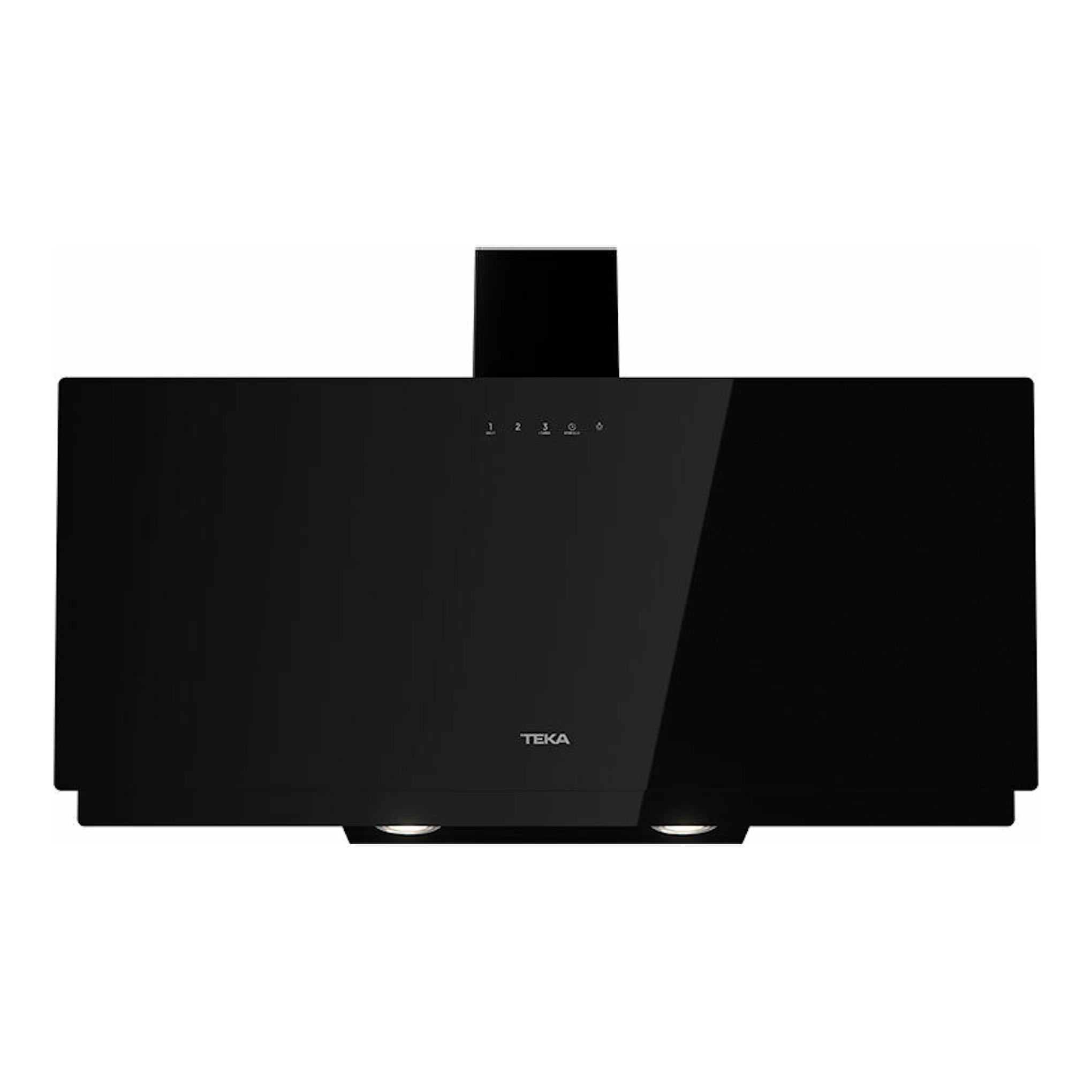 Campana extractora decorativa Teka DVN97050TTC BK negra, vista frontal, con panel de cristal negro.