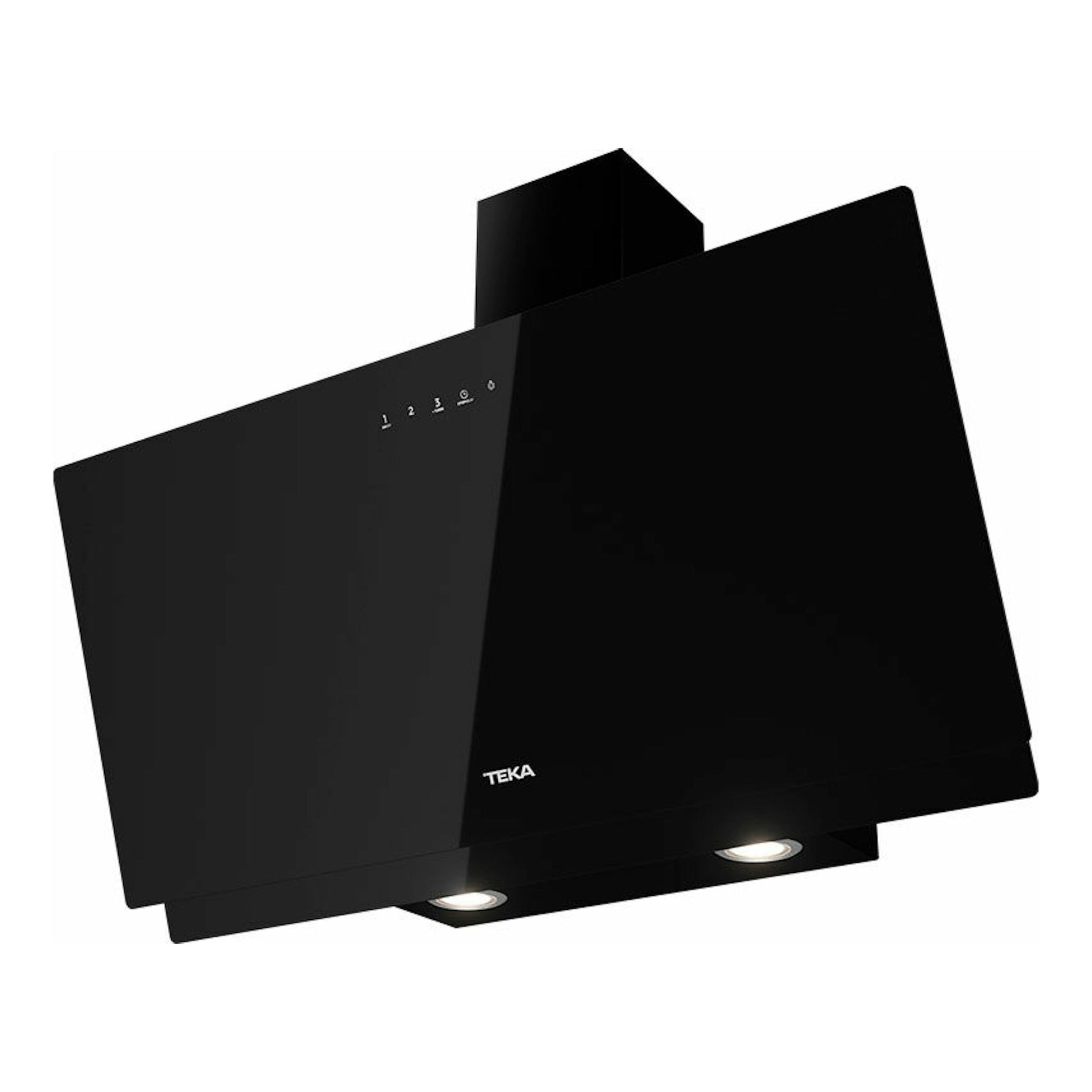 Campana decorativa Teka DVN97050TTC BK negra, vista frontal en ángulo, con panel de vidrio y dos luces.