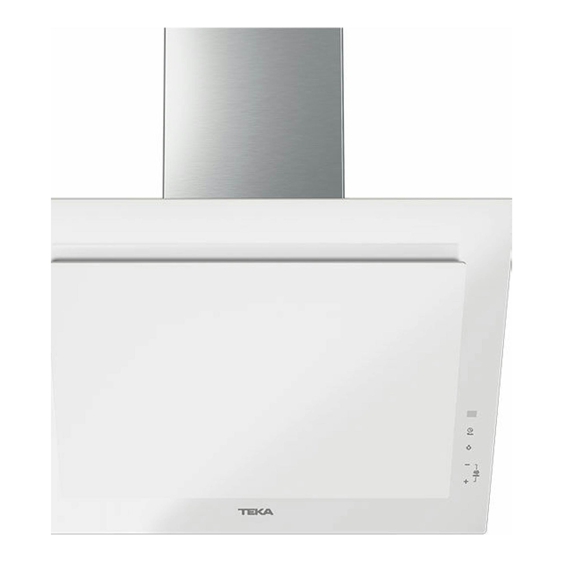 Campana decorativa Teka DVT 68660 TBS blanca, vista frontal, con chimenea de acero inoxidable.