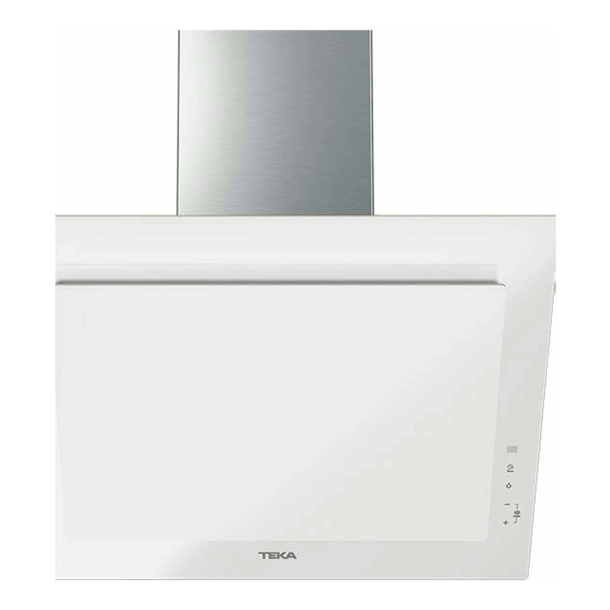 Campana decorativa Teka DVT 68660 TBS blanca, vista frontal, con chimenea de acero inoxidable.
