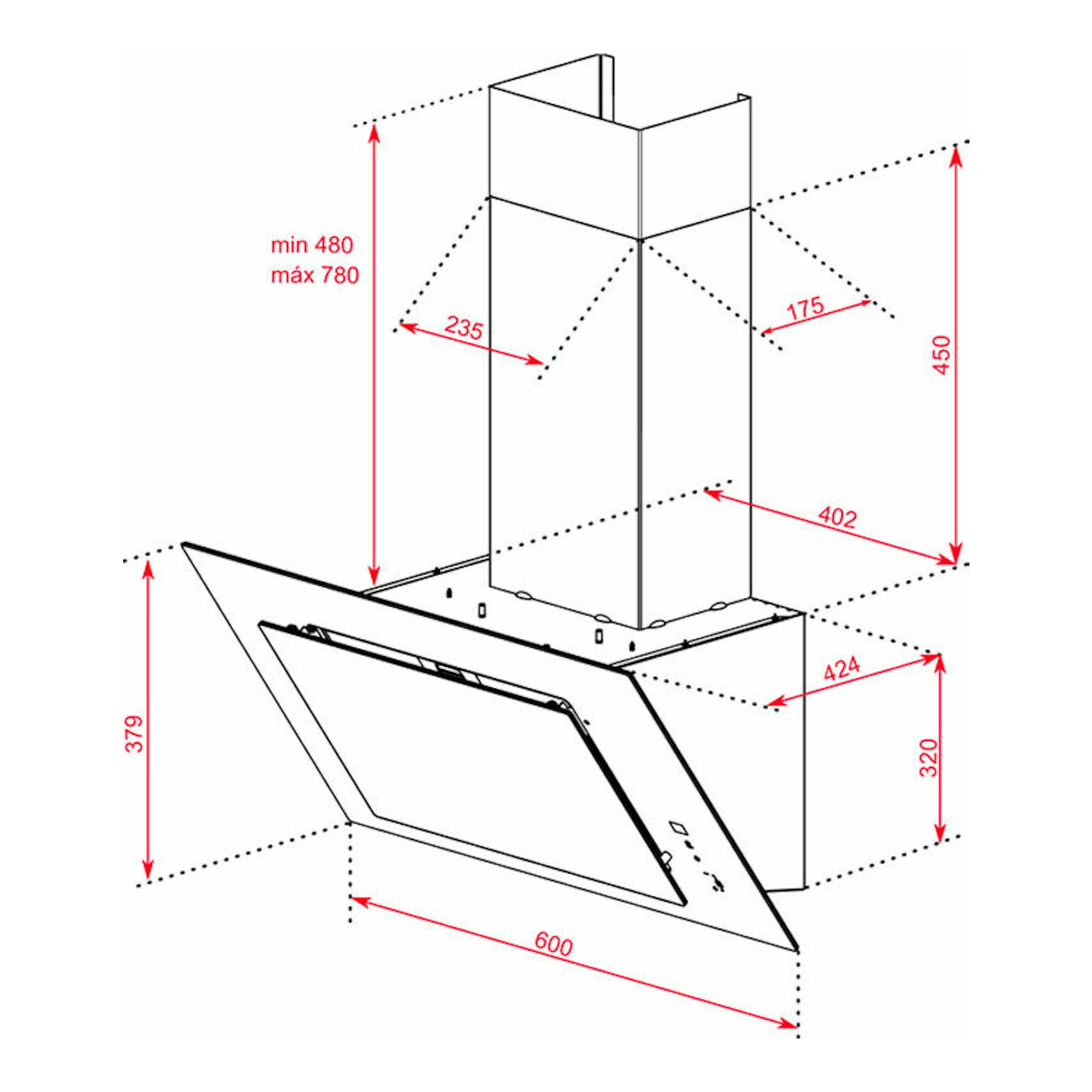 Diagrama de dimensiones de la campana decorativa Teka DVT 68660 TBS blanca, vista frontal e inclinada.