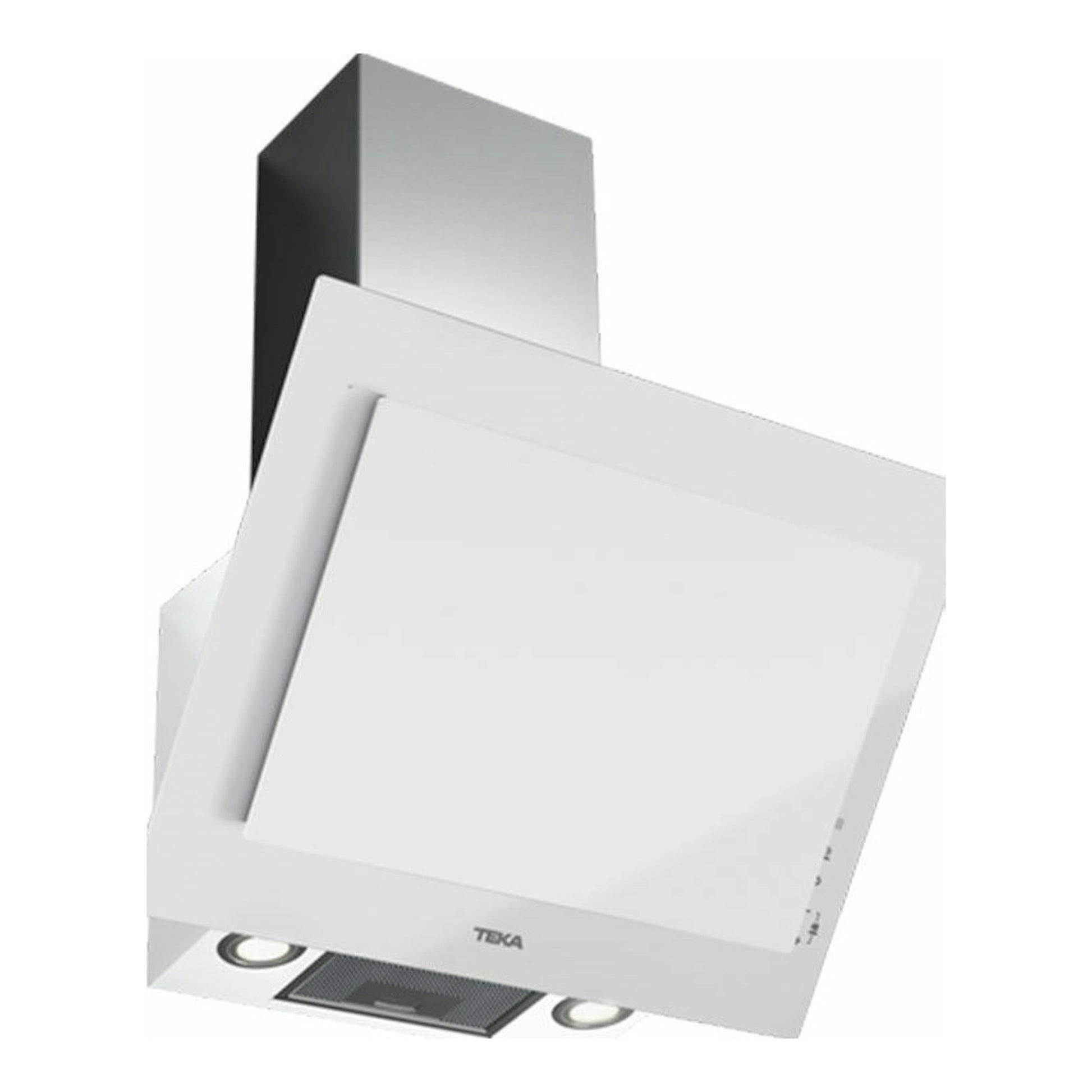 Campana decorativa Teka DVT 68660 TBS blanca, vista frontal en ángulo, con panel inclinado y luces LED.