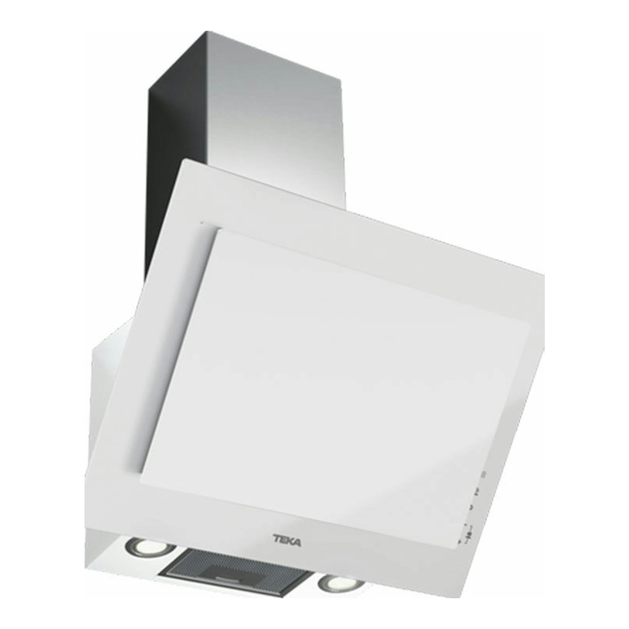 Campana decorativa Teka DVT 68660 TBS blanca, vista frontal en ángulo, con panel inclinado y luces LED.
