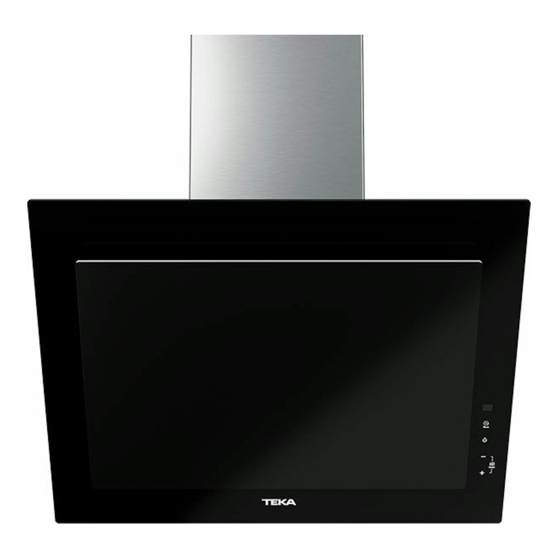 Campana decorativa Teka DVT 68660 TBS negra, vista frontal, con chimenea metálica plateada.