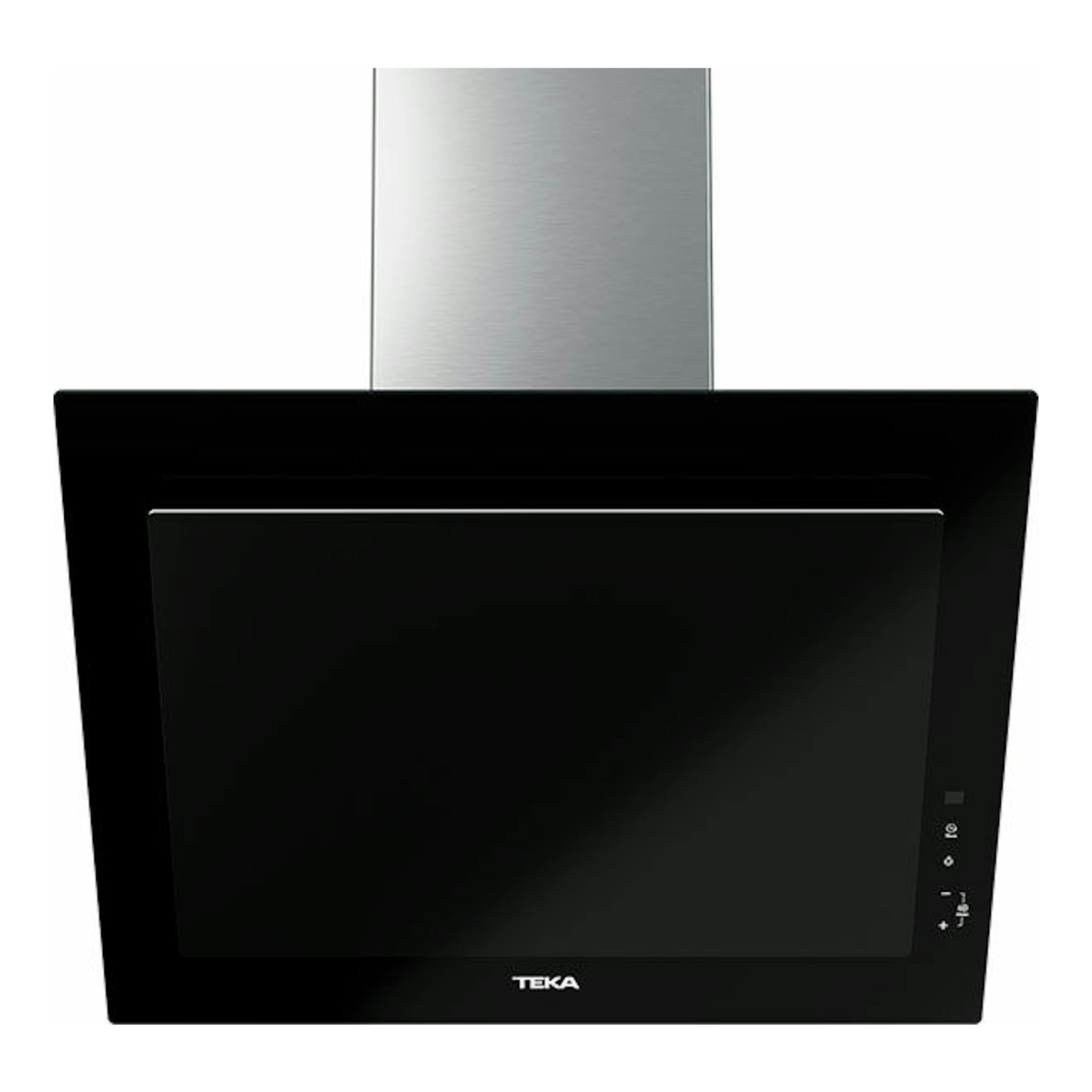 Campana decorativa Teka DVT 68660 TBS negra, vista frontal, con chimenea metálica plateada.