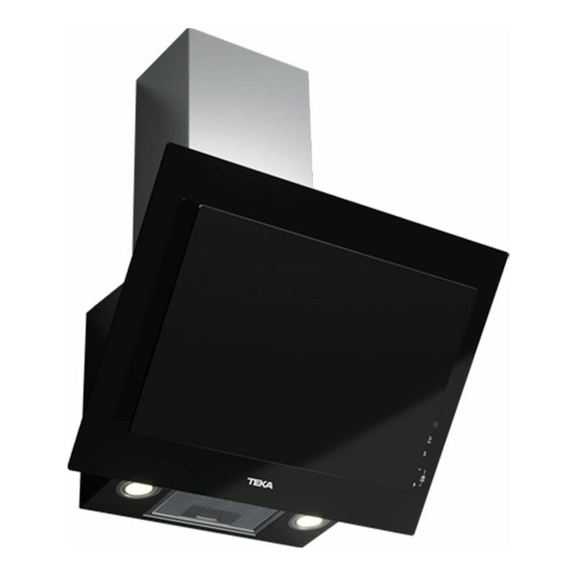 Campana decorativa Teka DVT 68660 TBS negra, vista frontal en ángulo, con chimenea de acero inoxidable.
