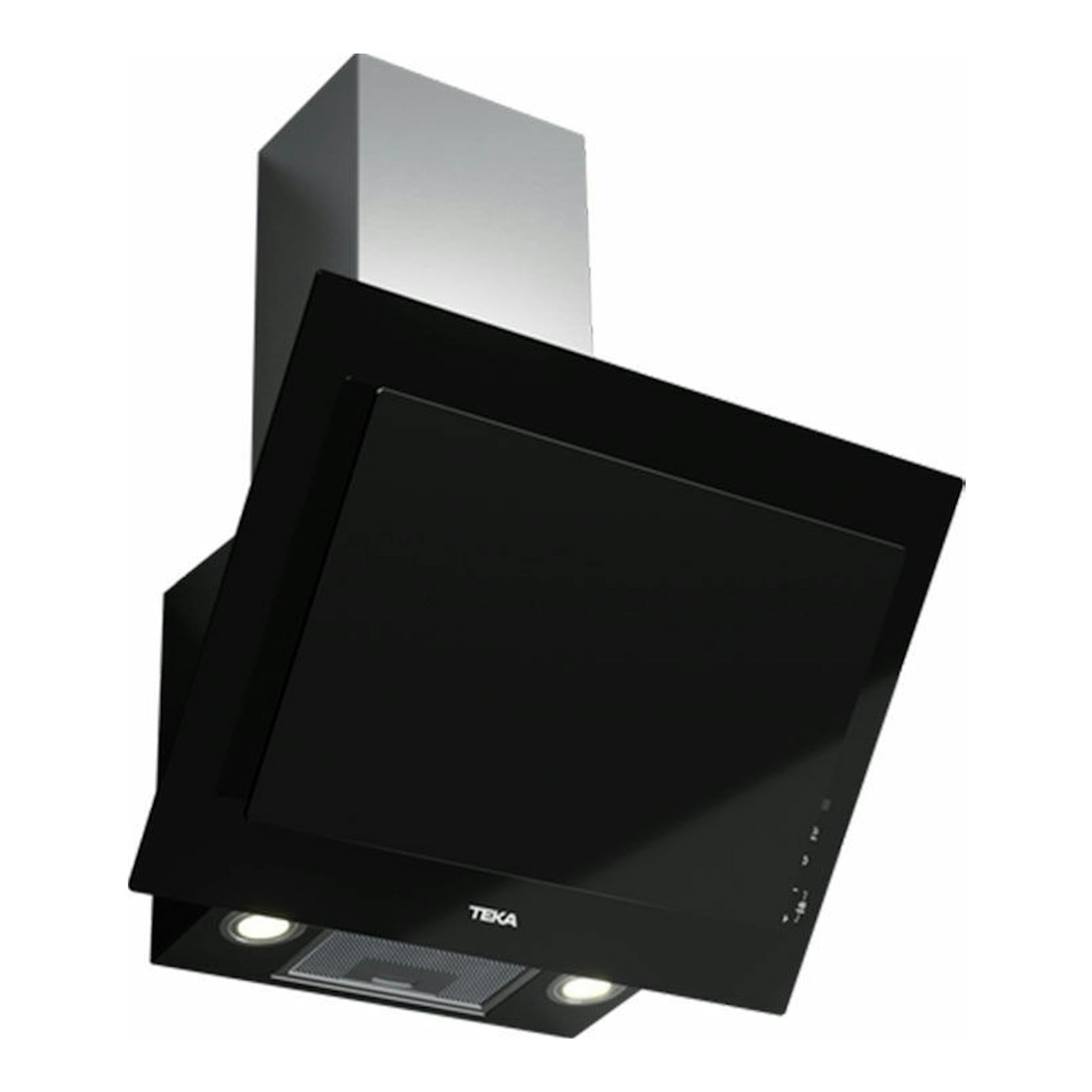Campana decorativa Teka DVT 68660 TBS negra, vista frontal en ángulo, con chimenea de acero inoxidable.
