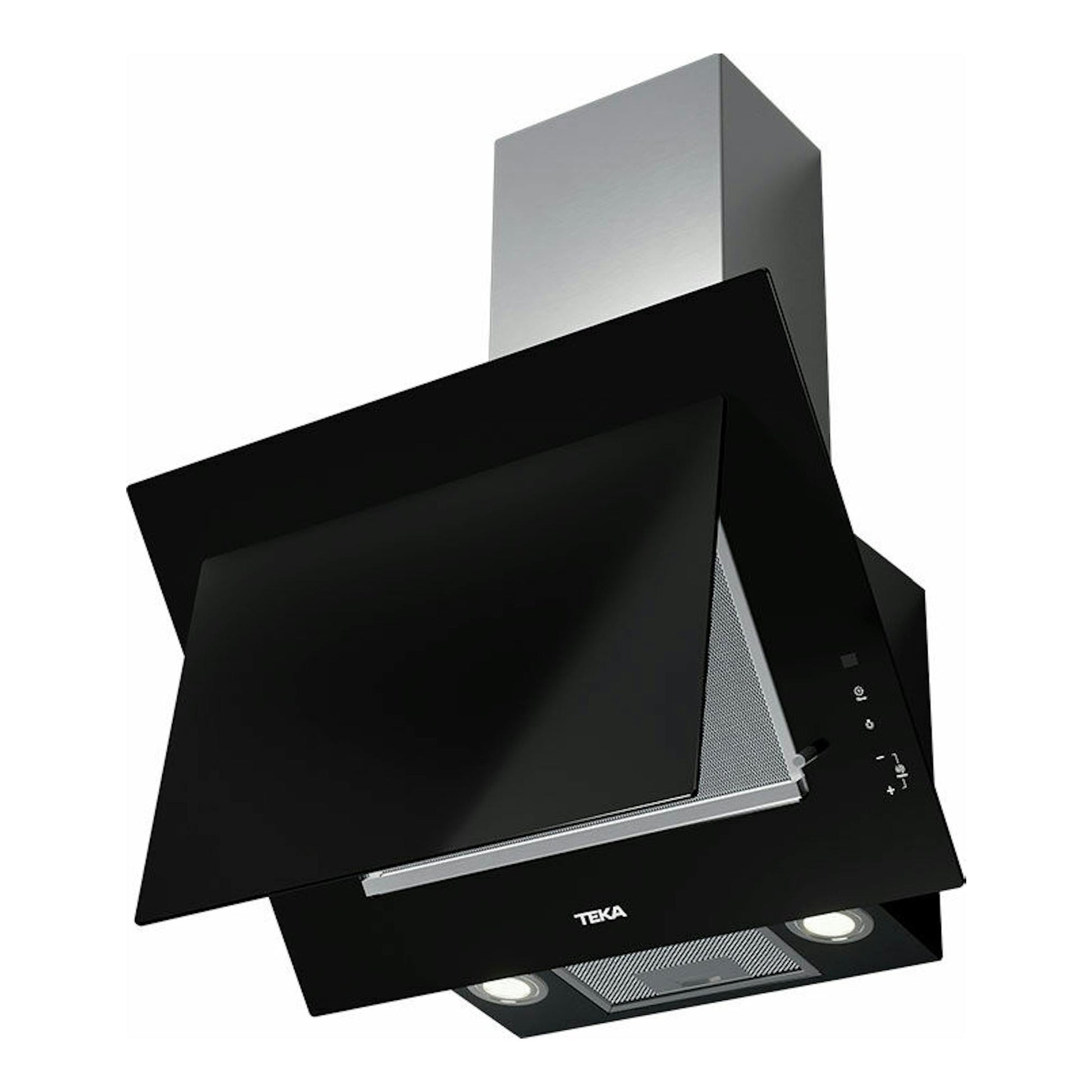 Campana decorativa Teka DVT 68660 TBS negra, vista frontal en ángulo, con chimenea inox y panel de vidrio.