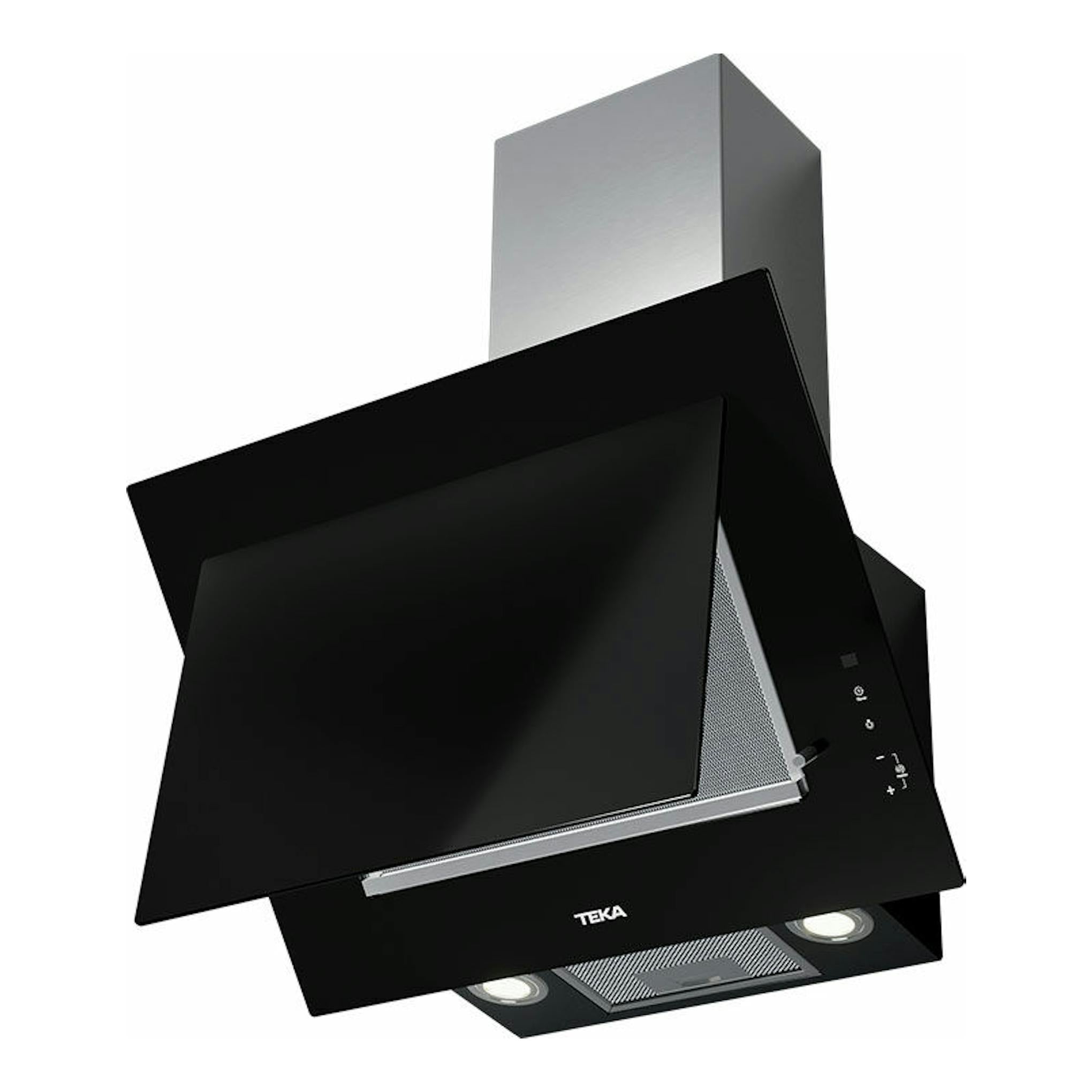 Campana decorativa Teka DVT 68660 TBS negra, vista frontal en ángulo, con chimenea inox y panel de vidrio.
