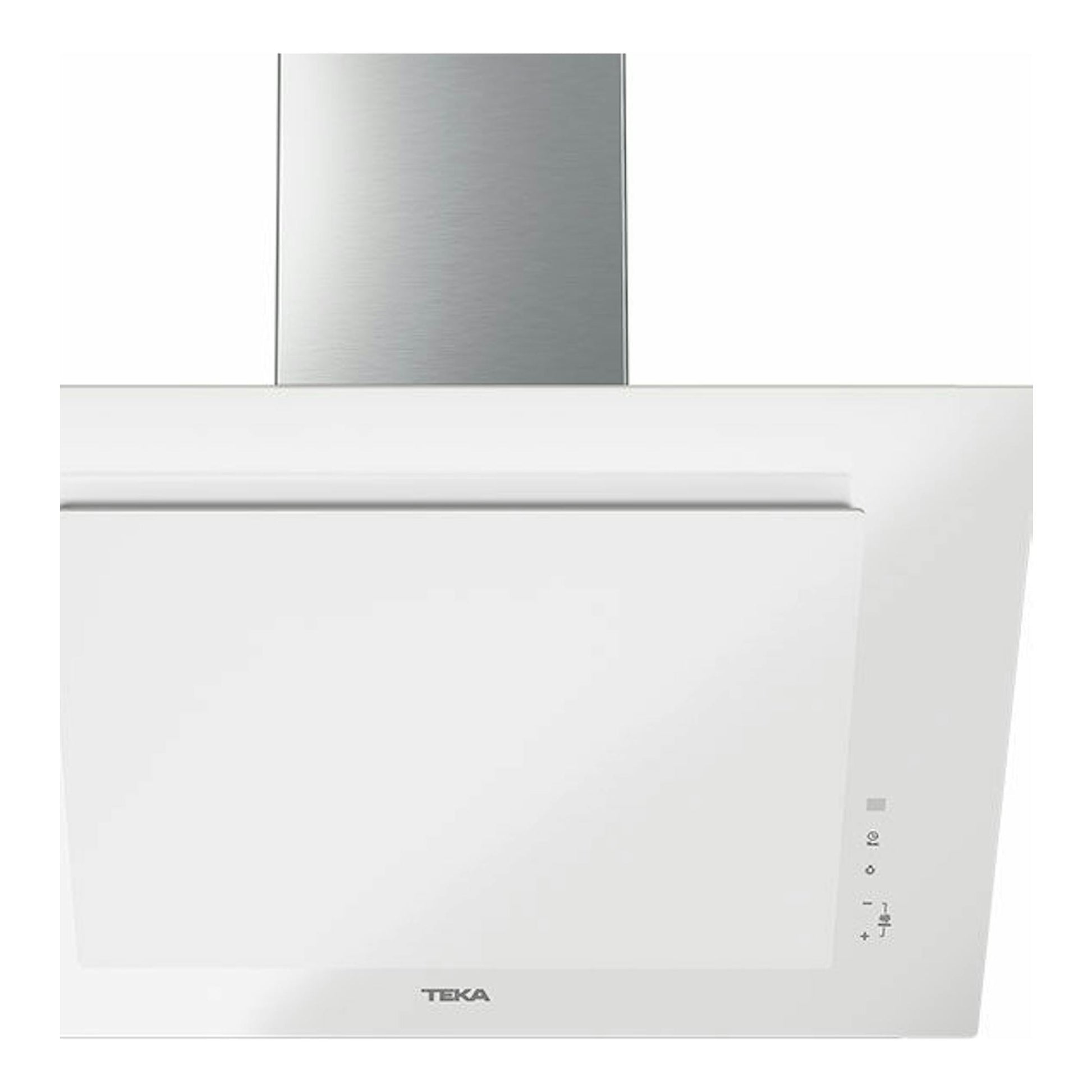 Campana decorativa Teka DVT 78660 TBS blanca, vista frontal, con chimenea de acero inoxidable.