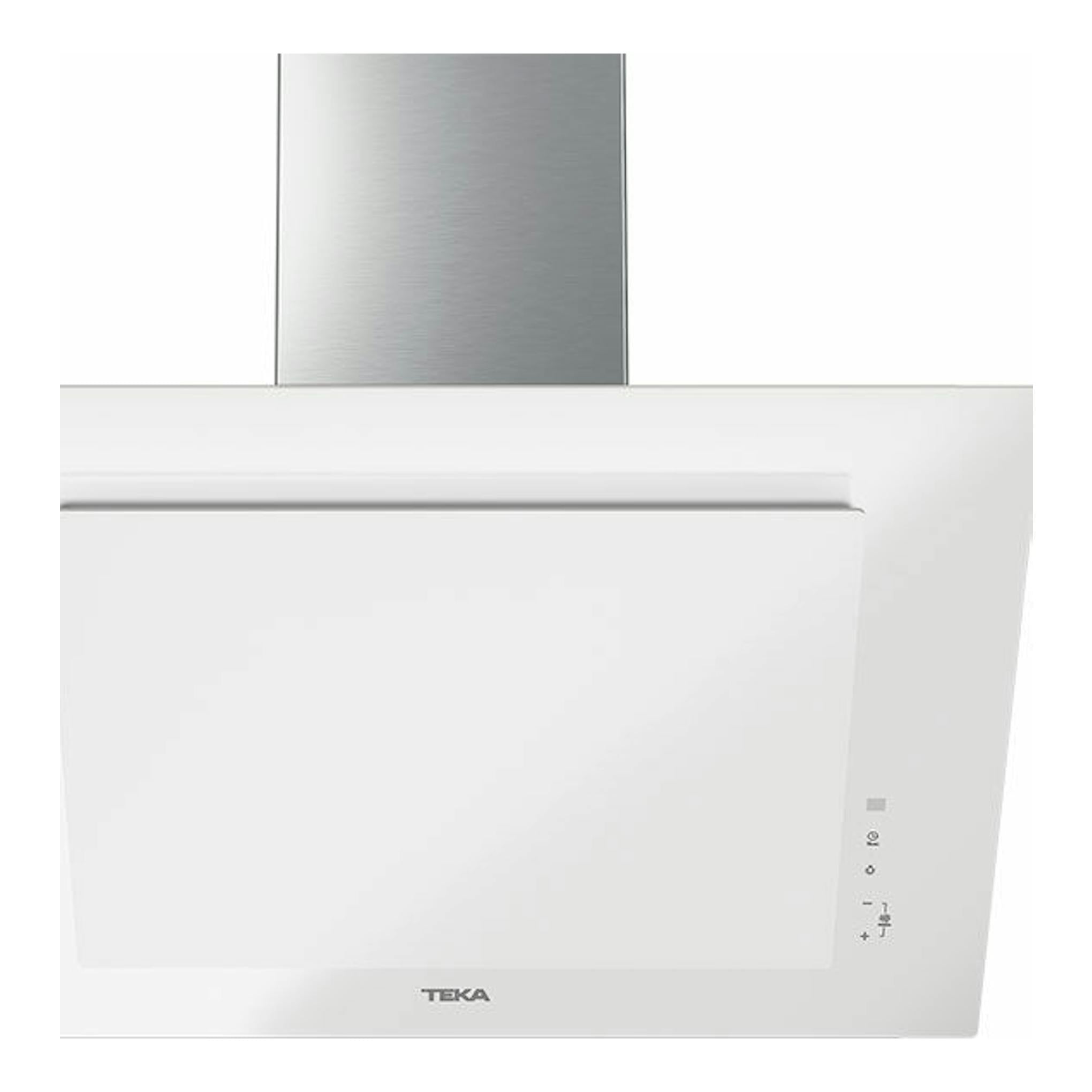 Campana decorativa Teka DVT 78660 TBS blanca, vista frontal, con chimenea de acero inoxidable.
