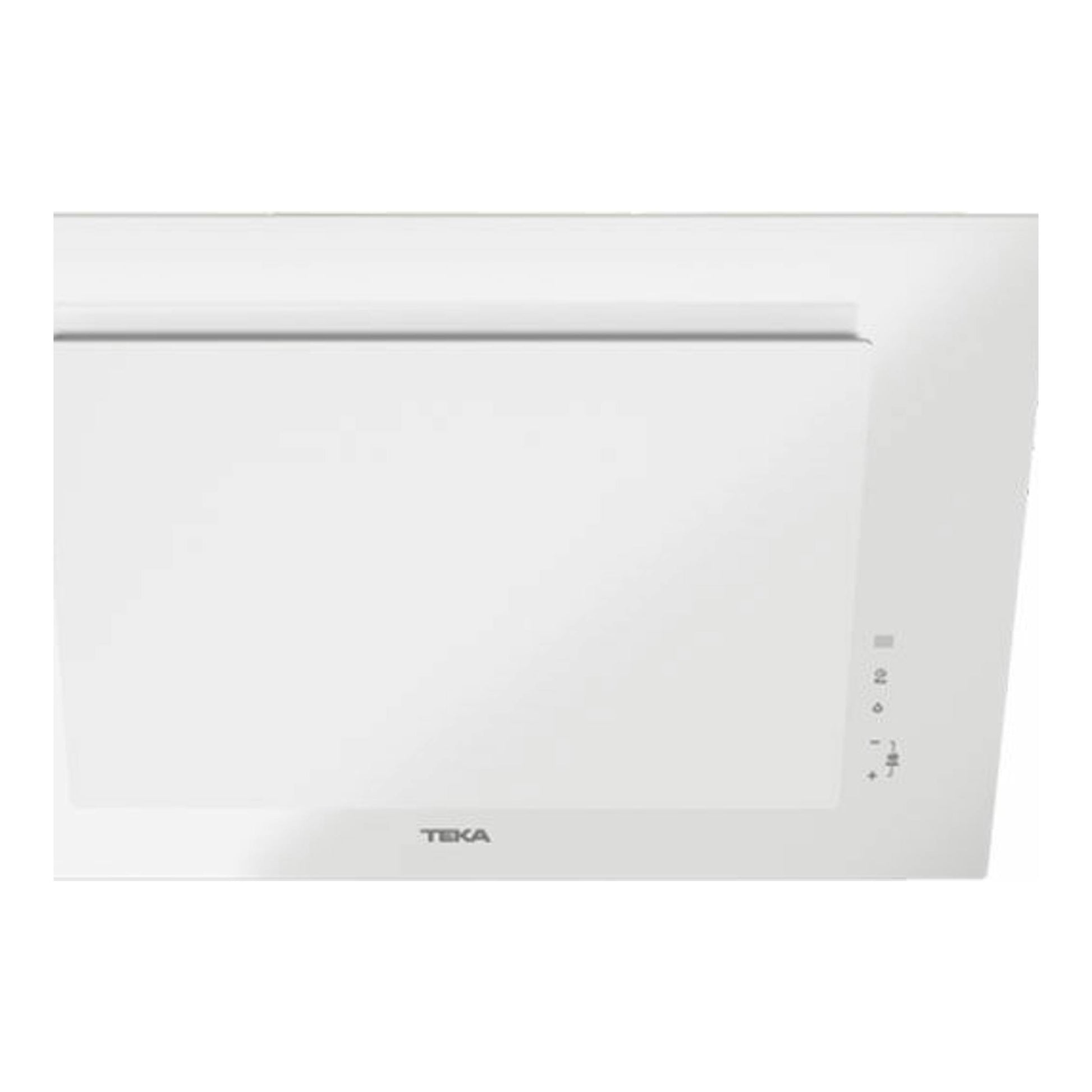 Campana decorativa Teka DVT 78660 TBS blanca, vista frontal, con panel de vidrio y controles laterales.