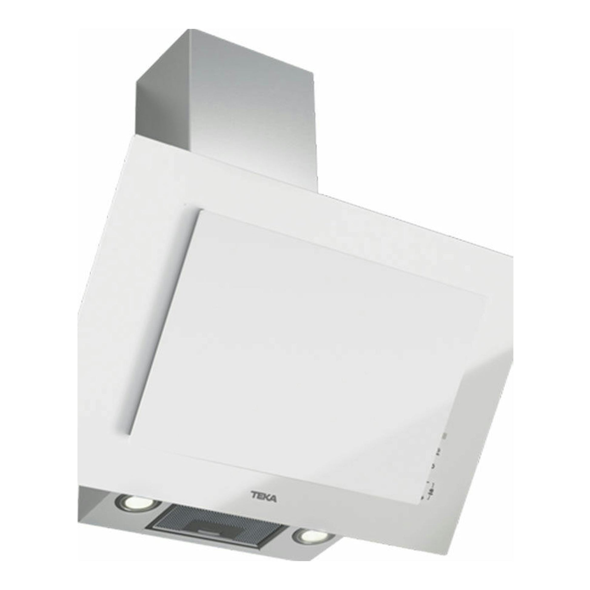 Campana decorativa Teka DVT 78660 TBS blanca, vista frontal inclinada, con chimenea gris.