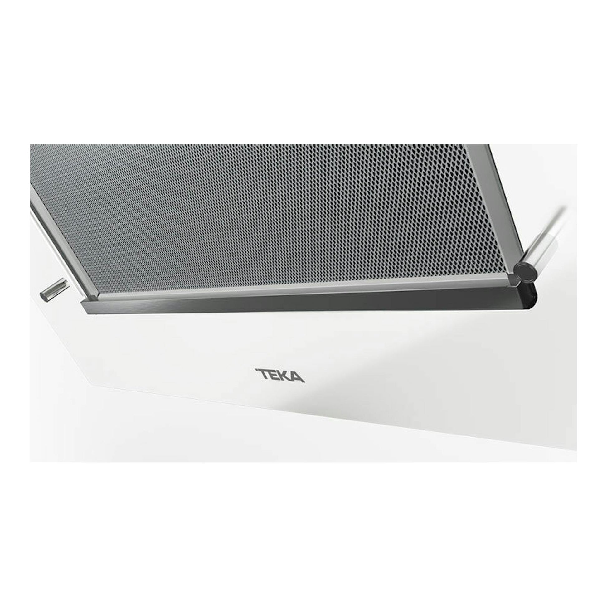 Campana decorativa Teka DVT 78660 TBS blanca, vista inferior parcial con panel metálico y logo Teka.