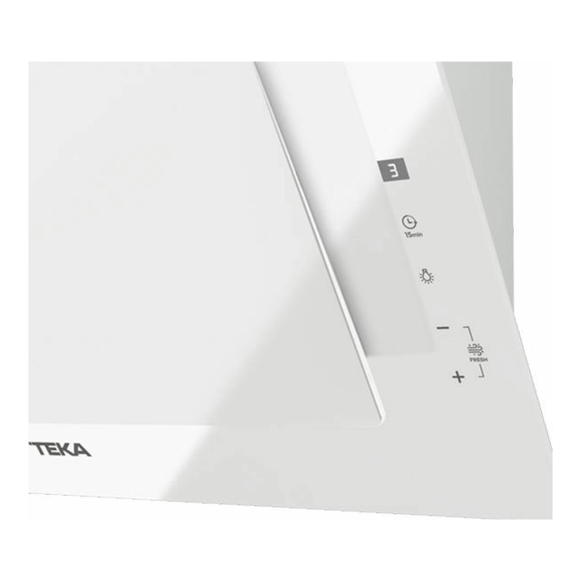 Campana decorativa Teka blanca, vista frontal parcial, con panel táctil lateral y logo Teka.