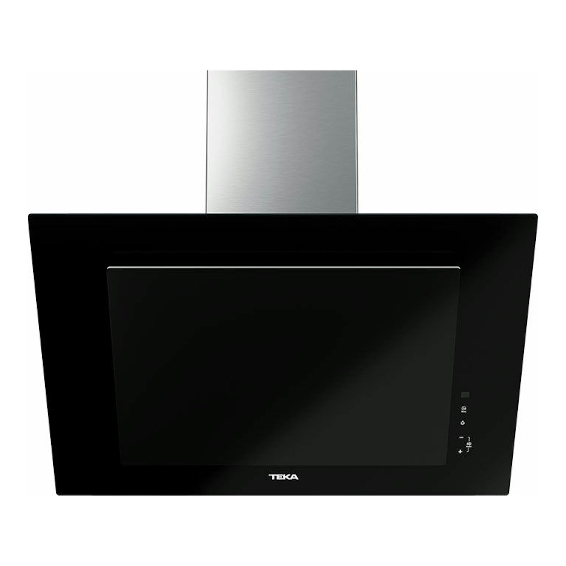 Campana decorativa Teka DVT 78660 TBS negra, vista frontal, con chimenea de acero inoxidable.