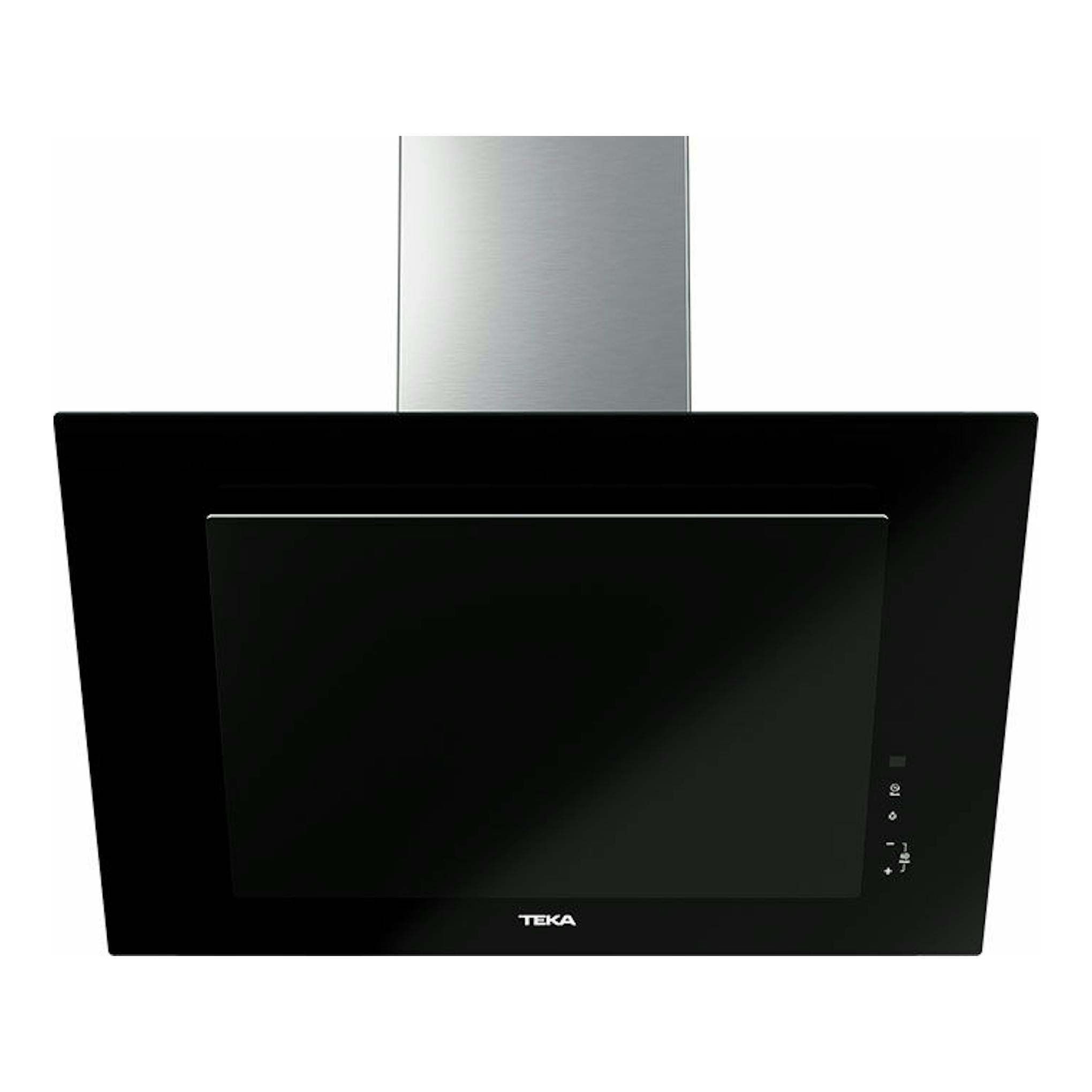 Campana decorativa Teka DVT 78660 TBS negra, vista frontal, con chimenea de acero inoxidable.