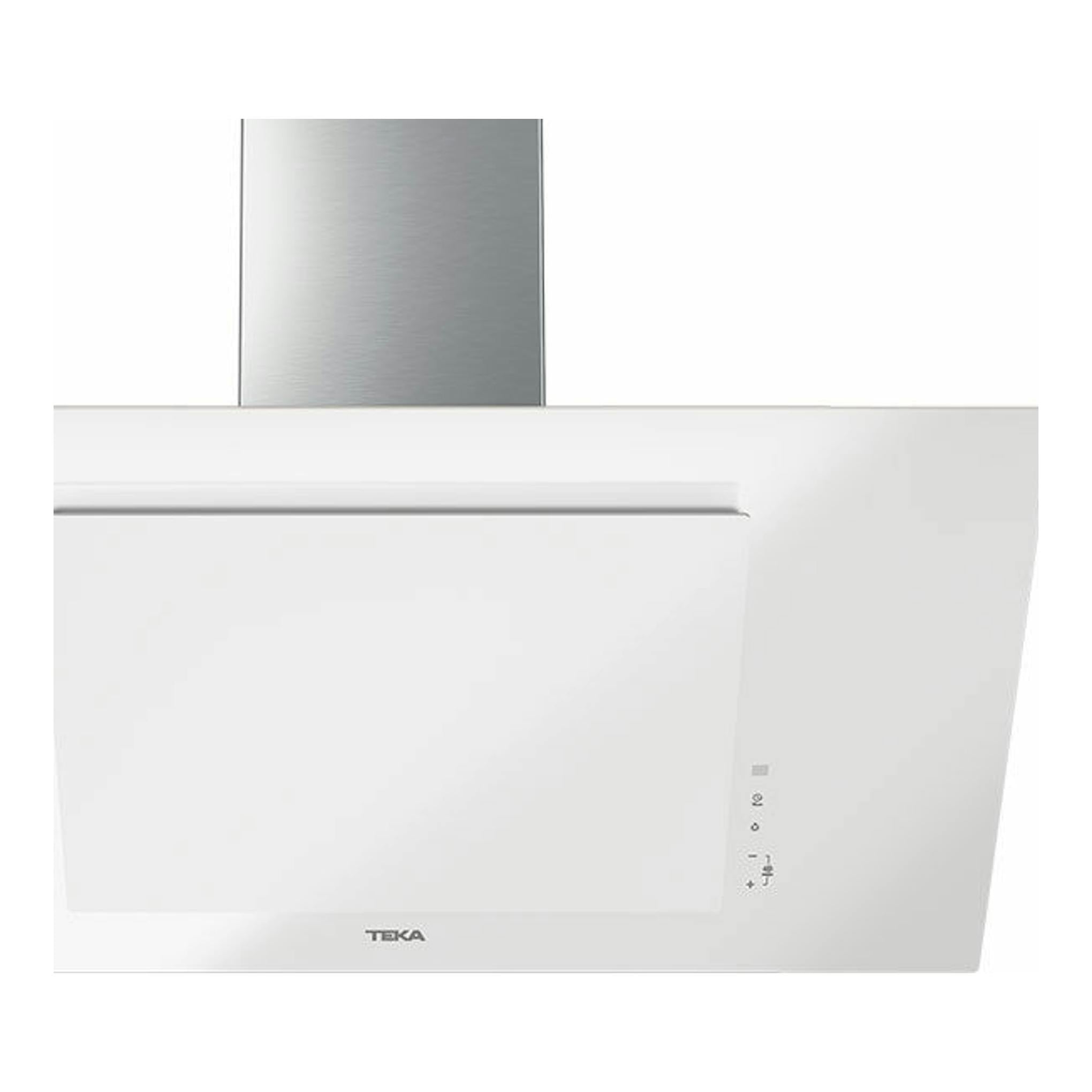 Campana decorativa Teka DVT 98660 TBS blanca, vista frontal, con chimenea de acero inoxidable.