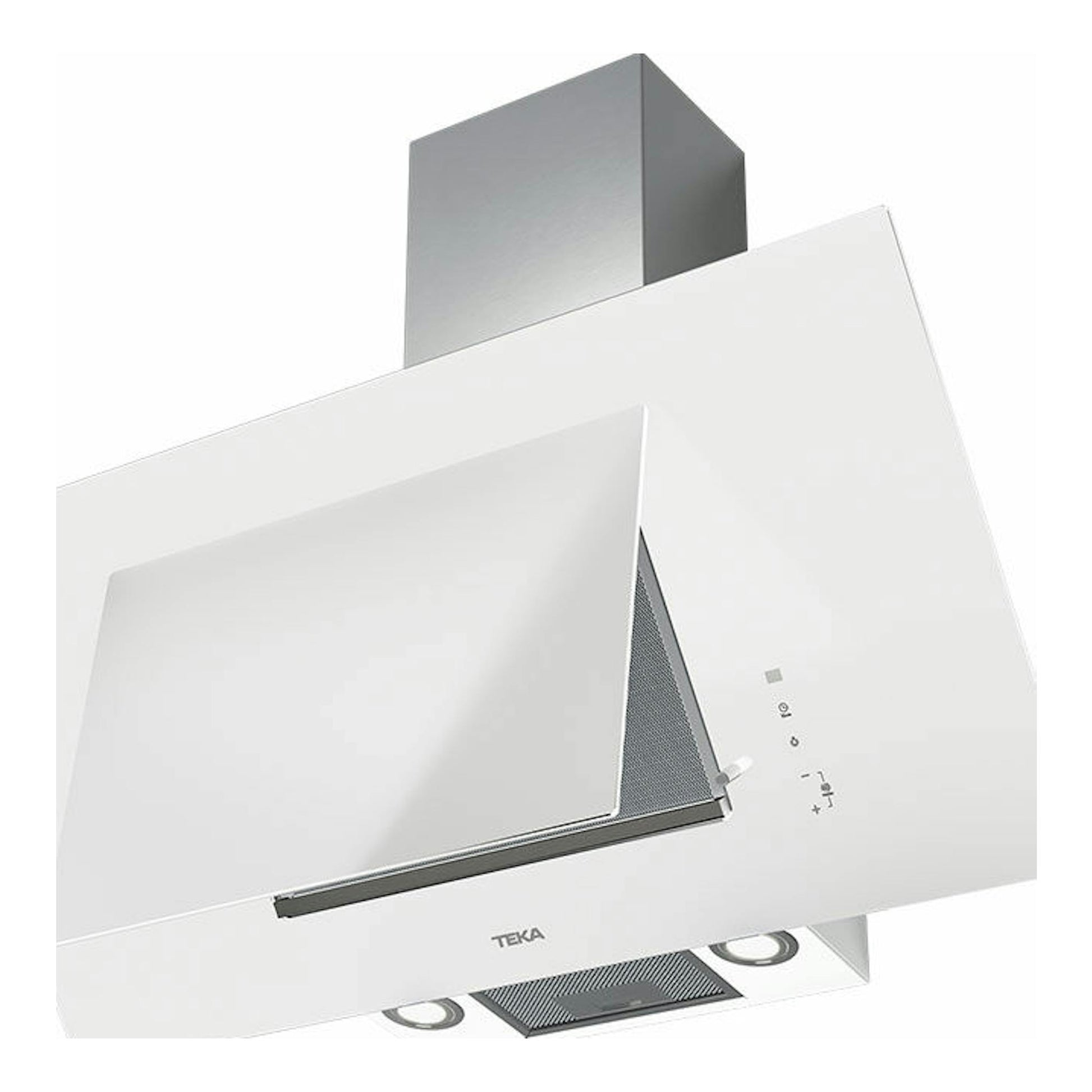 Campana decorativa Teka DVT 98660 TBS blanca, vista en ángulo inferior, con panel frontal inclinado y chimenea gris.