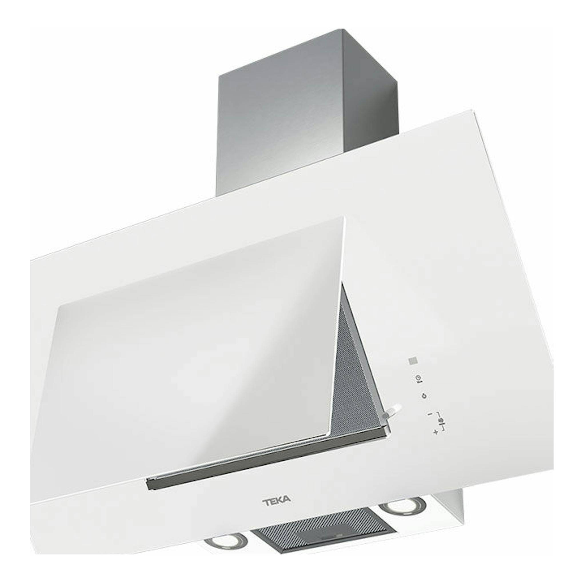 Campana decorativa Teka DVT 98660 TBS blanca, vista en ángulo inferior, con panel frontal inclinado y chimenea gris.