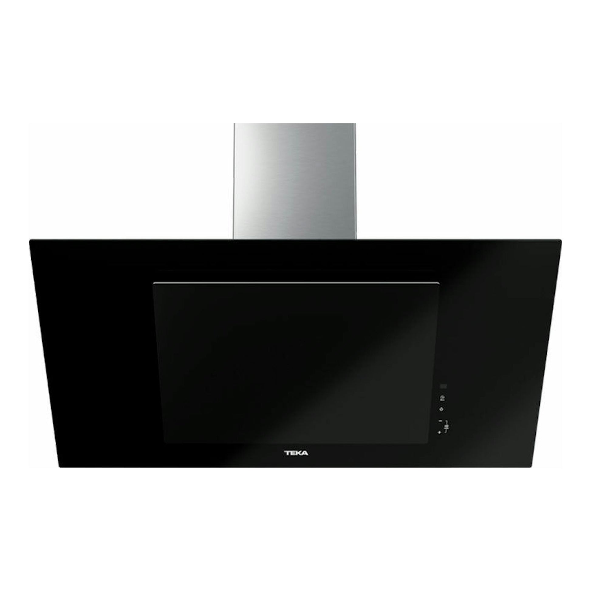 Campana decorativa Teka DVT 98660 TBS negra, vista frontal, con chimenea de acero inoxidable.