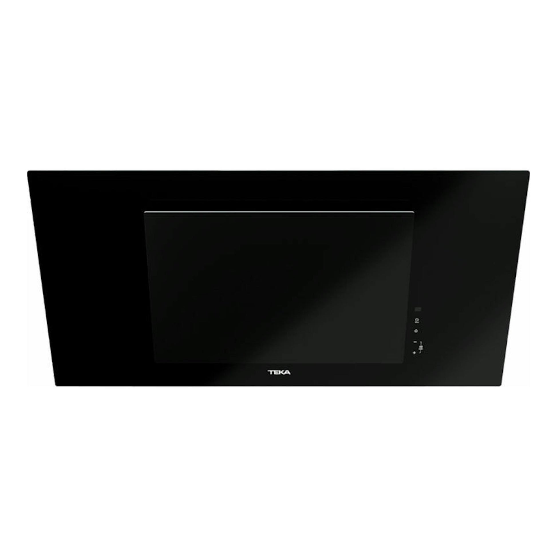 Campana decorativa Teka DVT 98660 TBS negra, vista frontal, con panel de vidrio negro y controles laterales.