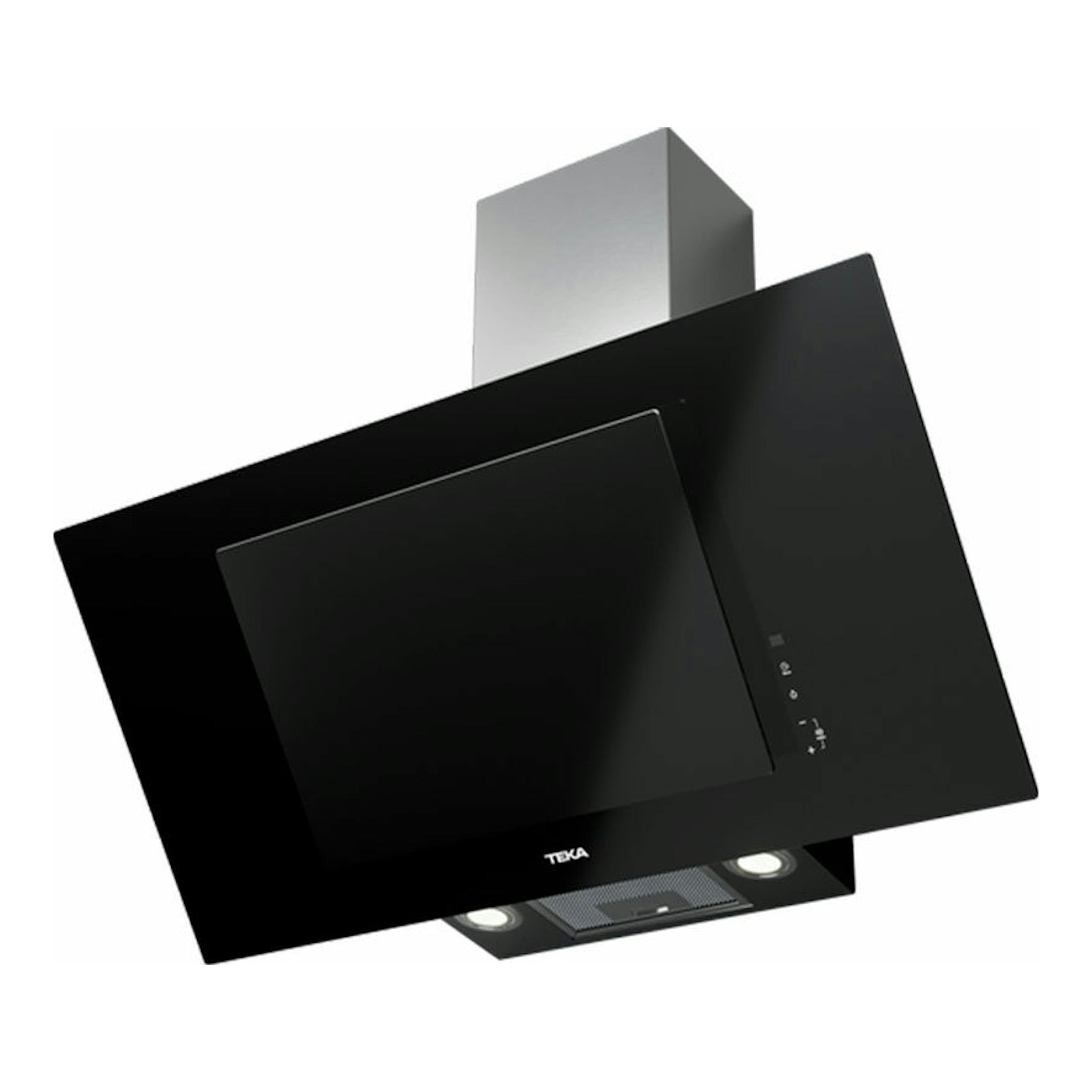 Campana decorativa Teka DVT 98660 TBS negra, vista frontal en ángulo con panel de vidrio y chimenea plateada.