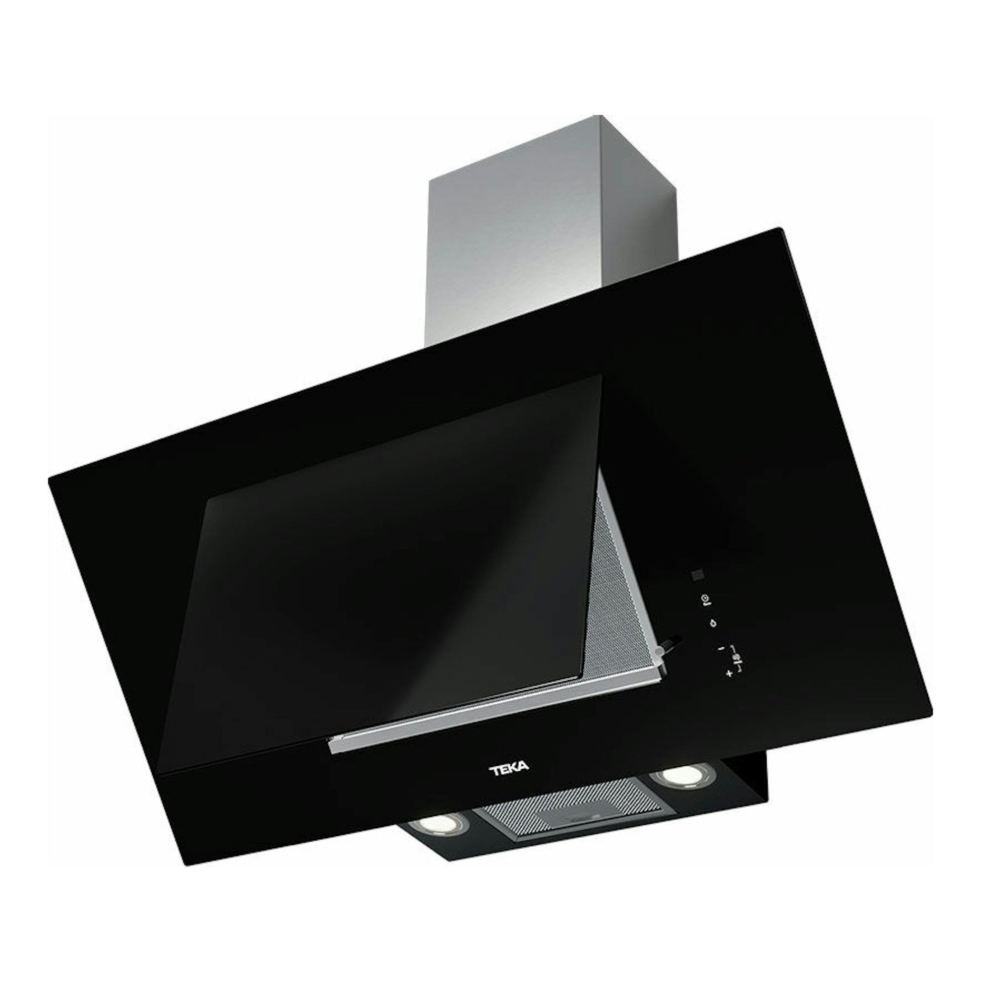 Campana decorativa Teka DVT 98660 TBS negra, vista frontal inclinada, con chimenea metálica.
