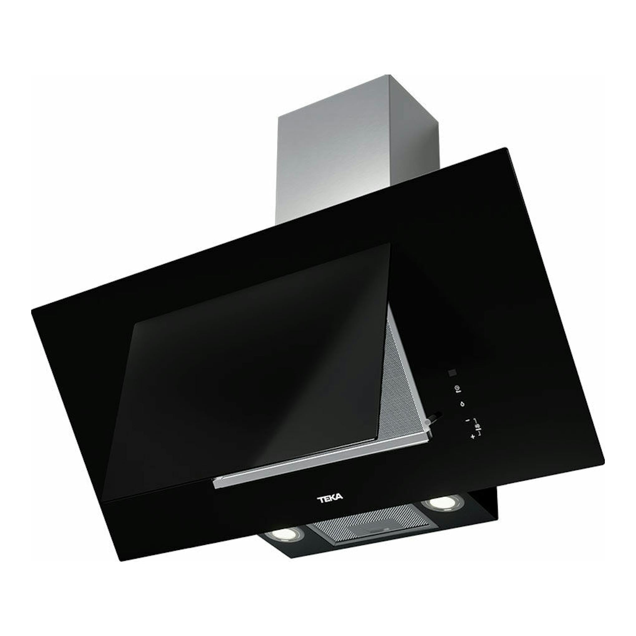 Campana decorativa Teka DVT 98660 TBS negra, vista frontal inclinada, con chimenea metálica.