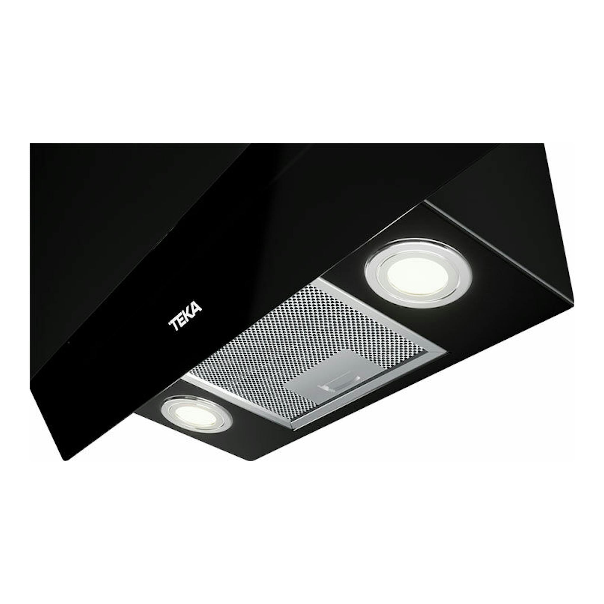 Campana decorativa Teka DVT 98660 TBS negra, vista inferior en ángulo, con dos luces y filtro metálico.