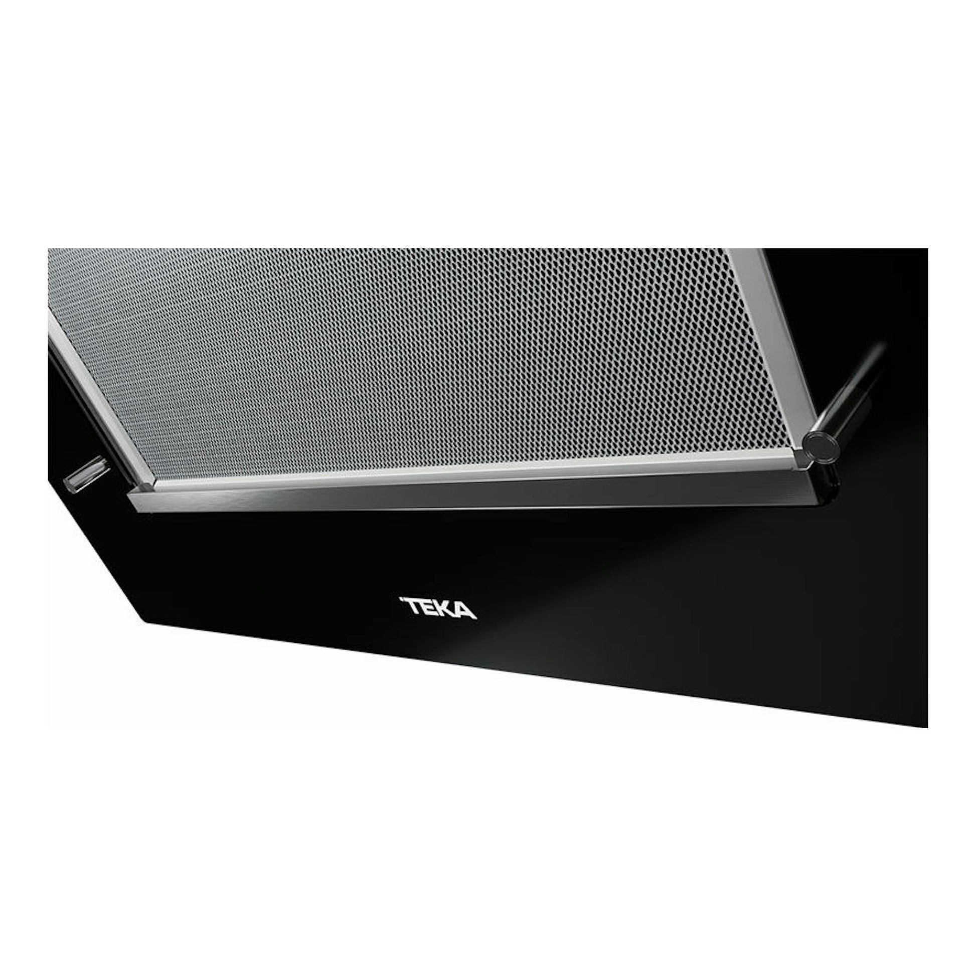 Campana decorativa Teka DVT 98660 TBS negra, vista parcial en ángulo con filtro metálico y frontal negro.